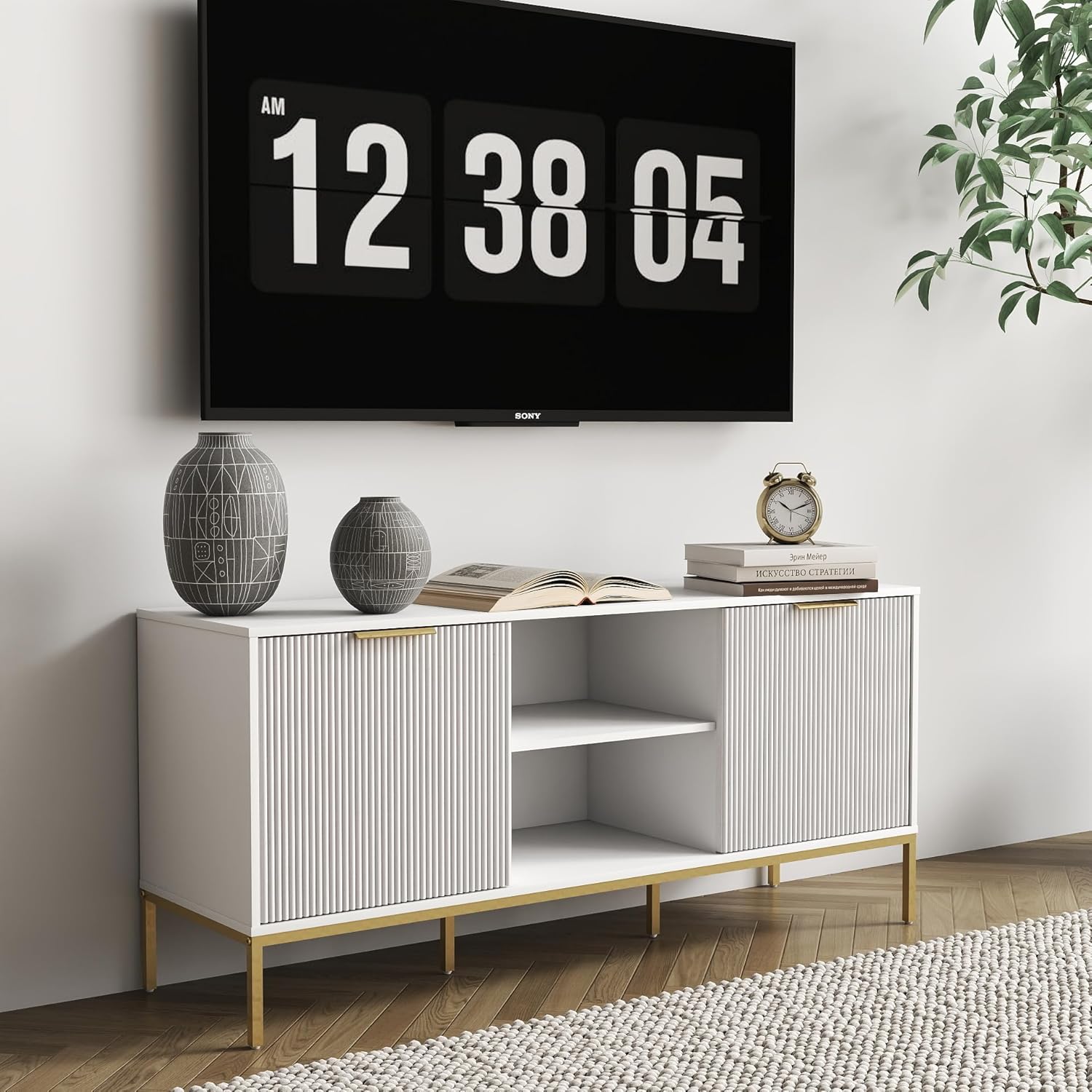 47'' Modern White TV Stand for 65 Inch TV, Mid Century Modern Fluted TV Console, Farmhouse Entertainment Center with Storage Cabinet for Living Room, Bedroom, Gold Metal Legs