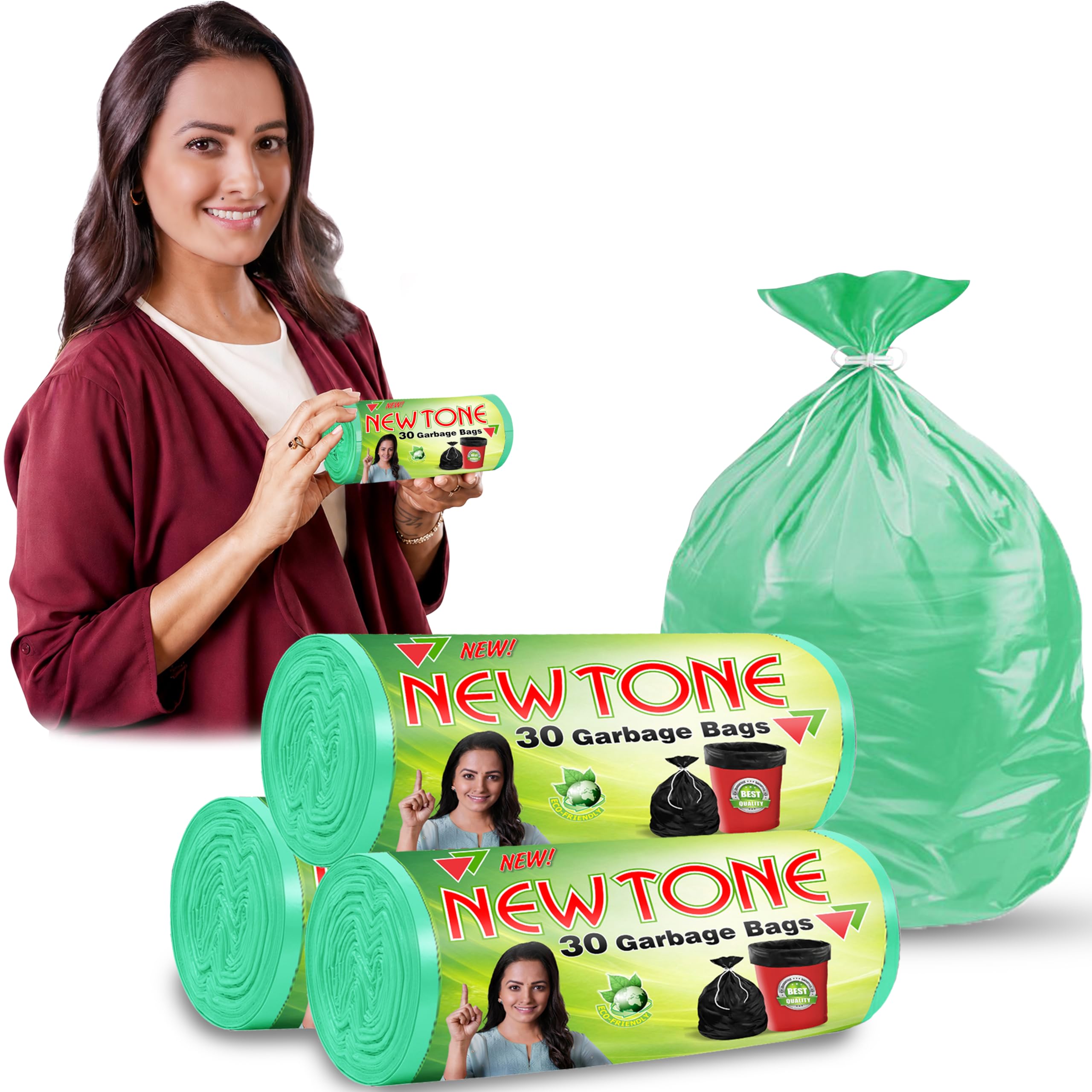 Newtone Garbage Bags | Medium 19 X 21 Inches | 90 Bags (30 Bags X 3 Rolls) | Dustbin/Trash bin | Pouch Packing | (Green)