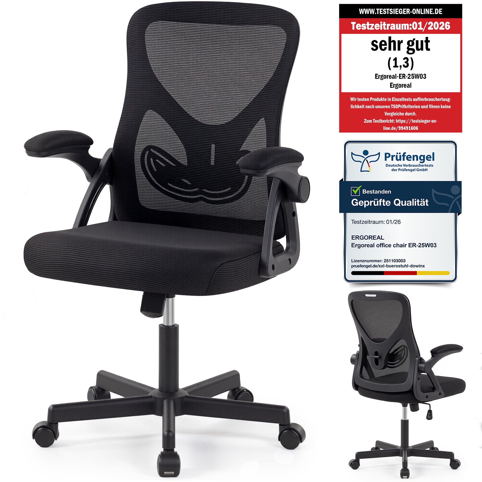 Bürostuhl ergonomisch – Schreibtischstuhl Netz, Lendenstütze 150kg | Klappbare Armlehnen, verstellbare Lendenstütze, 90-110° Rückenlehne, höhenverstellbar, leise Rollen, Homeoffice & Büro