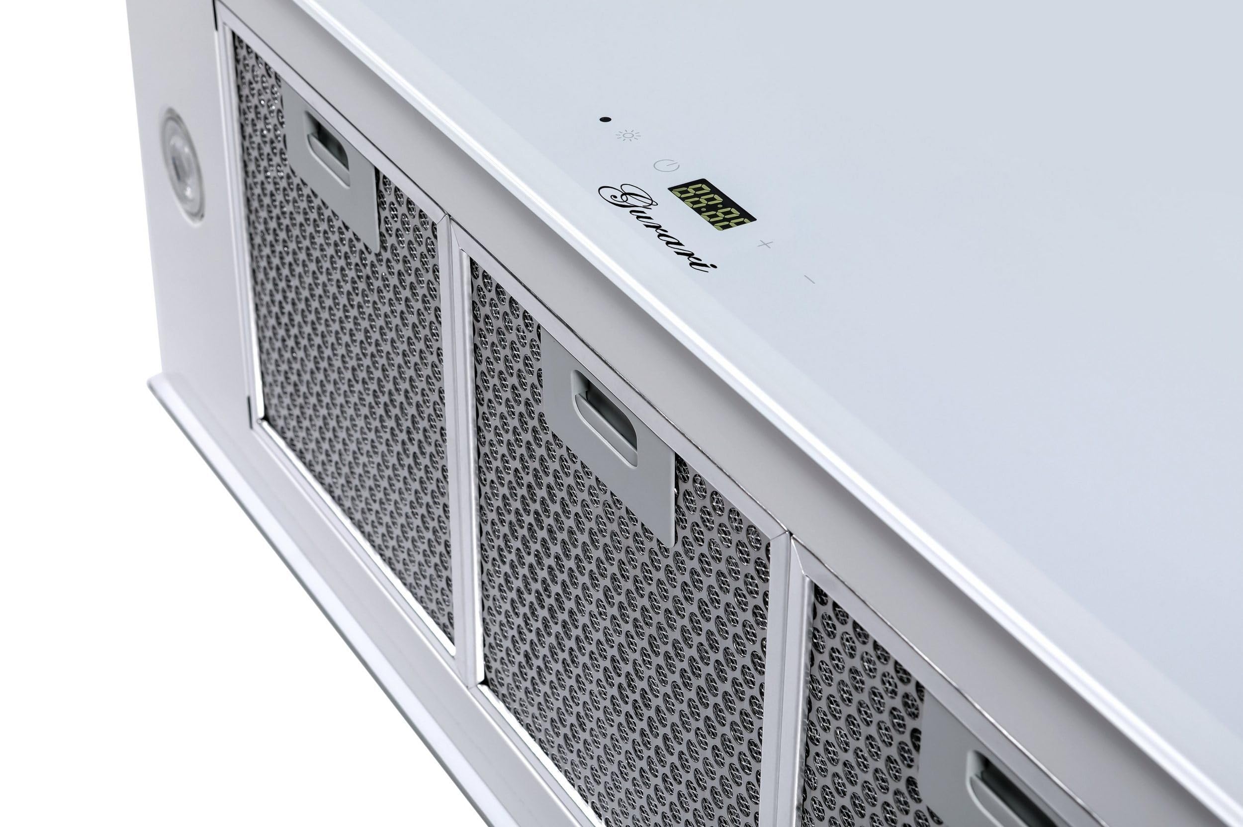 Gurari Cappa aspirante da incasso 217, in pietra ventilata, cappa da soffitto 70 cm, telaio e pannello frontale in vetro bianco, 3 livelli, 1000 m³/h, LED, 6 Watt, telecomando