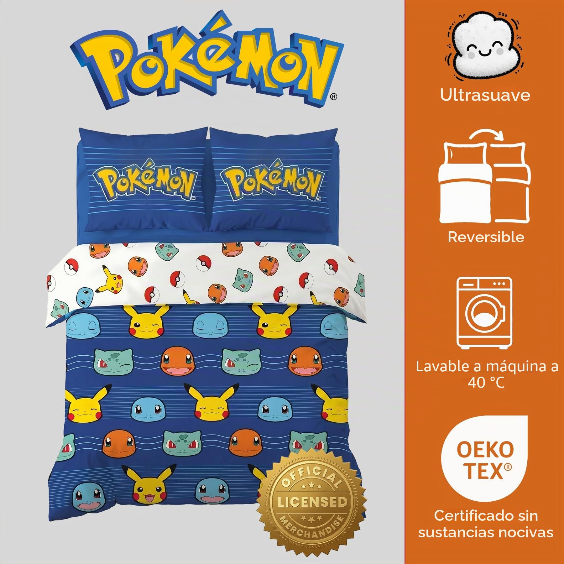 Pokémon Funda Nórdica Cama 150 240x220 + 2 Fundas Pikachu Reversible | Ropa de cama 2 personas | Microfibra Oeko-Tex secado rápido | Pikachu Charmander Bulbasaur Squirtle | 2 diseños | Regalo