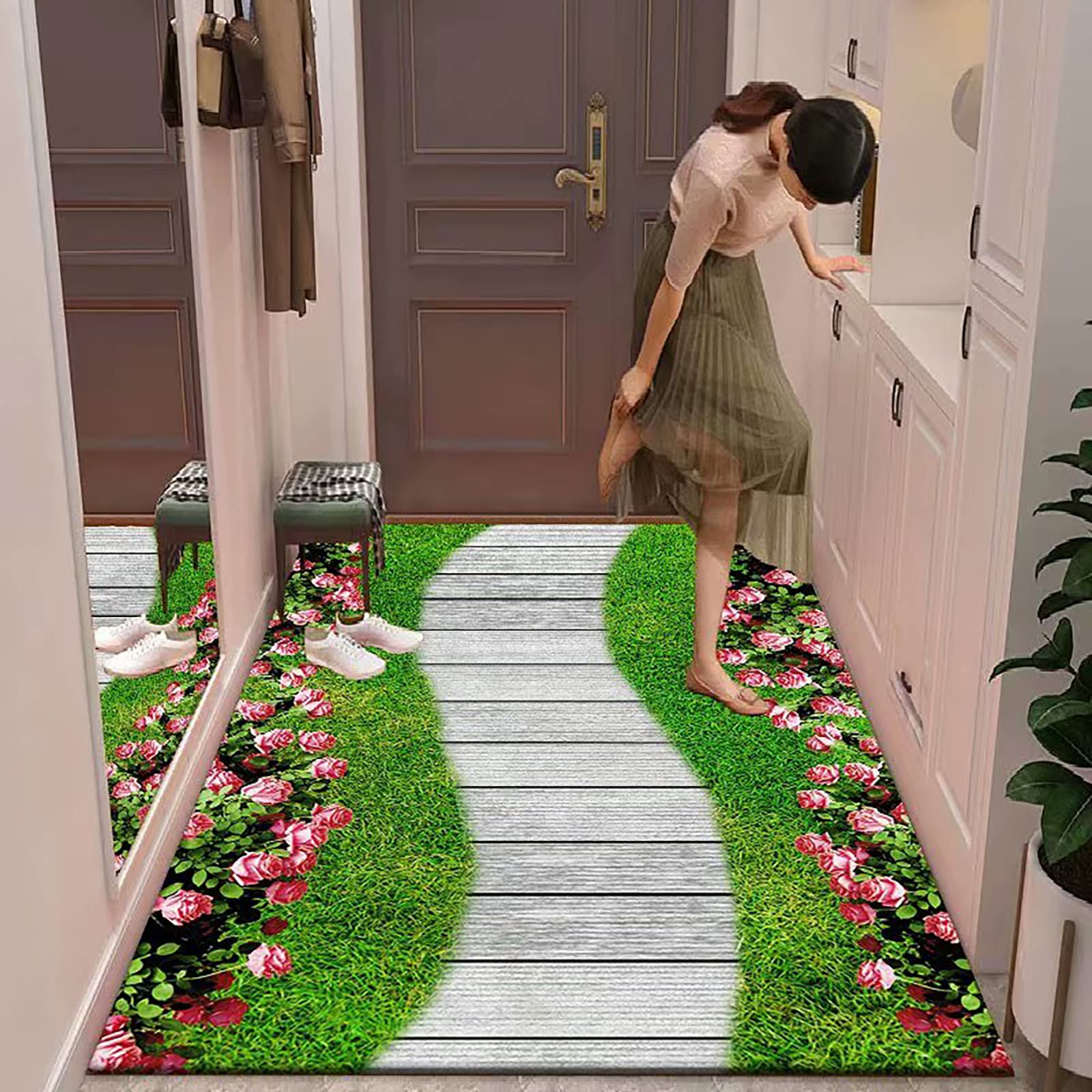Rutschfester Shaggy Teppich für Wohnzimmer und Schlafzimmer, 3D Imitation Plank Gras Teppich für Flur und Büro