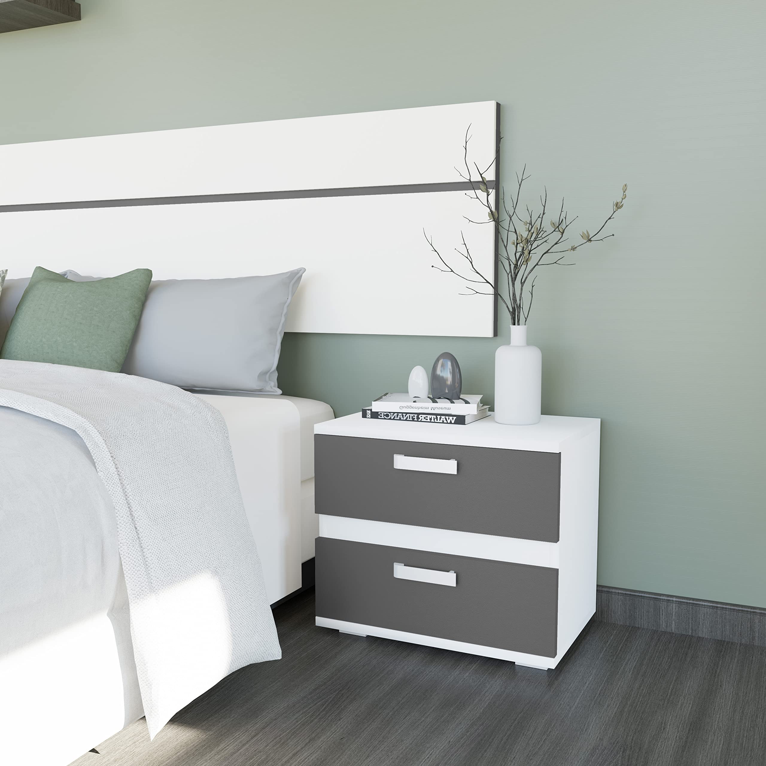 duehome | Pack Cabecero con Leds y 2 Mesitas de Noche, Dormitorio Doble, Dormitorio Completo, Modelo Ataneq Air, Acabado en Blanco y Grafito