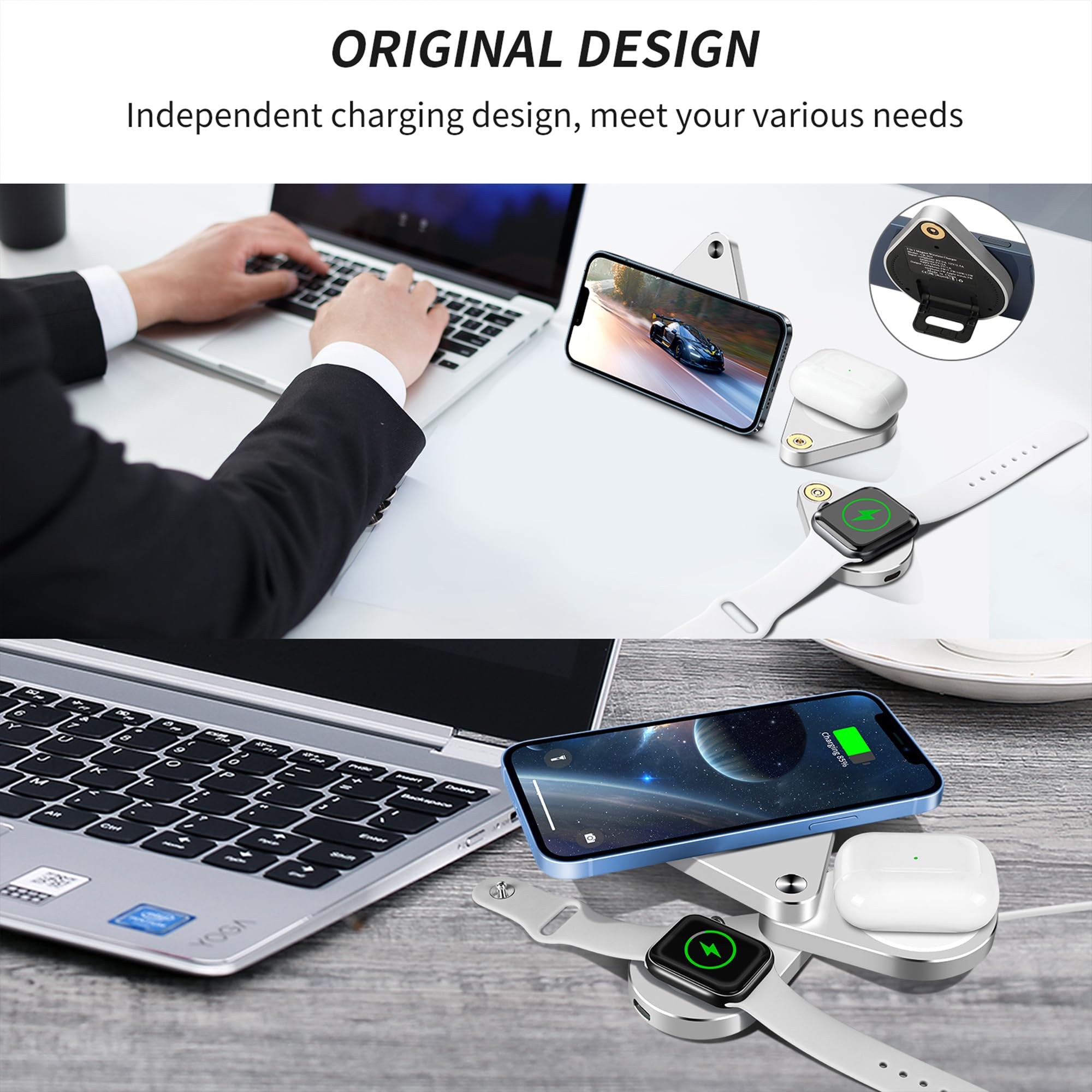 Chargeur Sans Fil Magnétique, Station De Charge Sans Fil Amovible 3 En 1 15 W Certifié Qi Pour Apple Watch, AirPods, IPhone 13/13 Pro/13 Pro Max/12 Mini/11/SE/X/XR/XS Max, Samsung