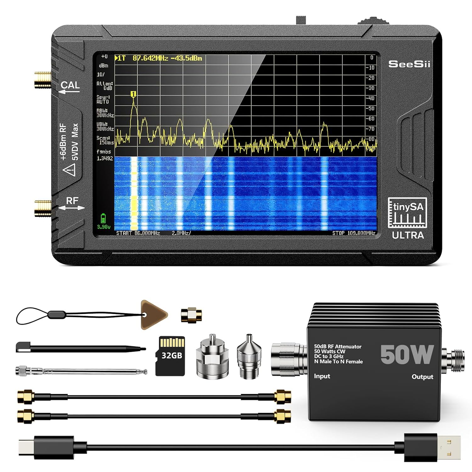 SeeSii TinySA Ultra Spektrumanalysator mit 50W Dämpfungsglied, 4,0 Zoll Frequenzanalysator 100 kHz- 5,3G Hz, 2-in-1 Signalgenerator 100 kHz - 800 MHz MF/VHF/HF UHF Eingang mit 32 GB Speicherkarte
