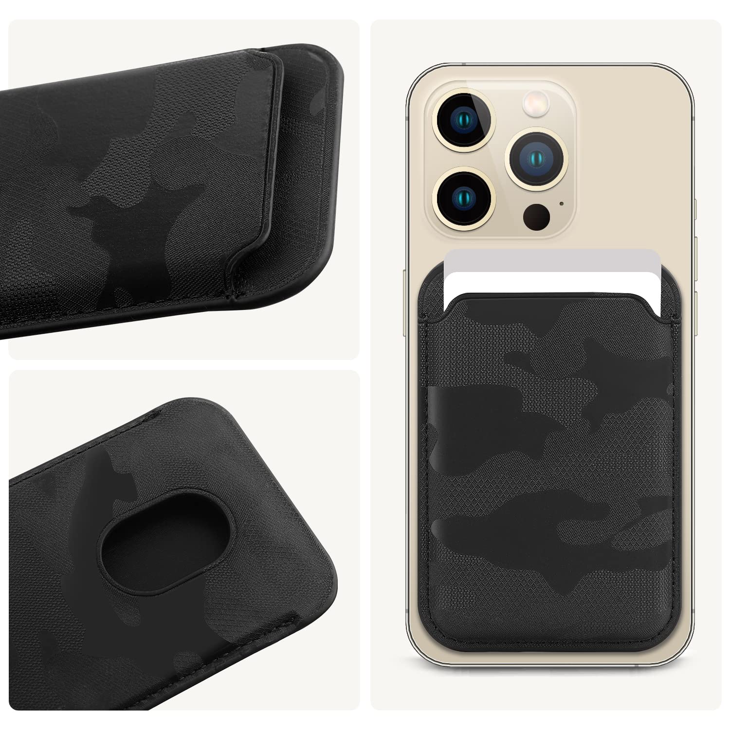 FIDWALL Magsafe Wallet Portafoglio Tessuti in Pelle per iPhone 16/15/14/13/12 Max/Pro/Plus/mini,con Anello in Ferro per all Phone Case,RFID Card Holder con Magsafe Magnete(Nero mimetico)