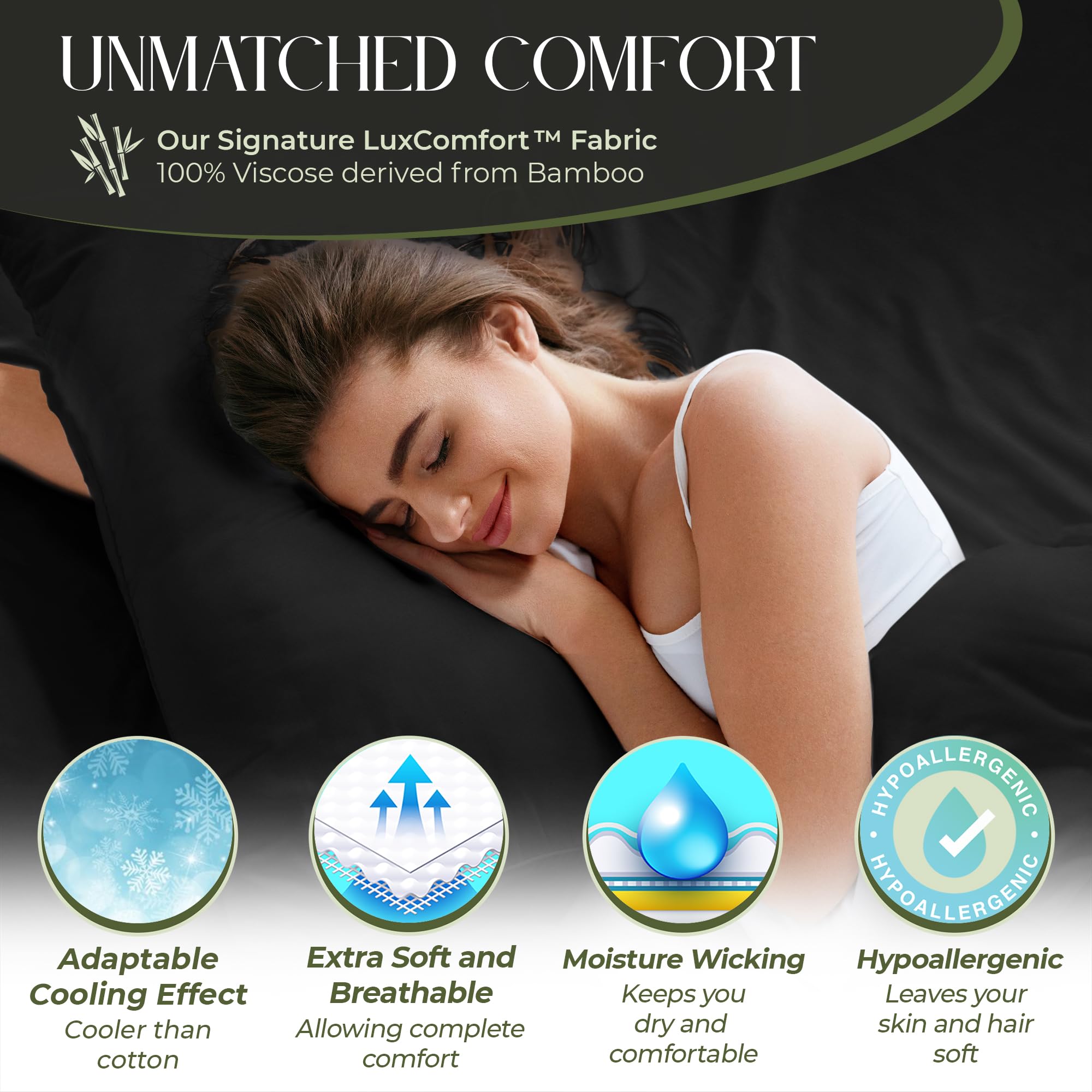 DECOLURE 100% Organic Viscose Derived from Bamboo Sheets Full Size 4pcs - Ultra Soft & Luxuriously Cooling, 17" Deep Pocket, Double Stitching, Perfect for Hot Sleepers - Full Bed Sheets (Black)