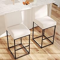 Vista 5 de HNY Taburete de bar moderno de altura de mostrador, taburete de bar tapizado de tela de lino con respaldos, taburetes de isla de cocina de 27 crema