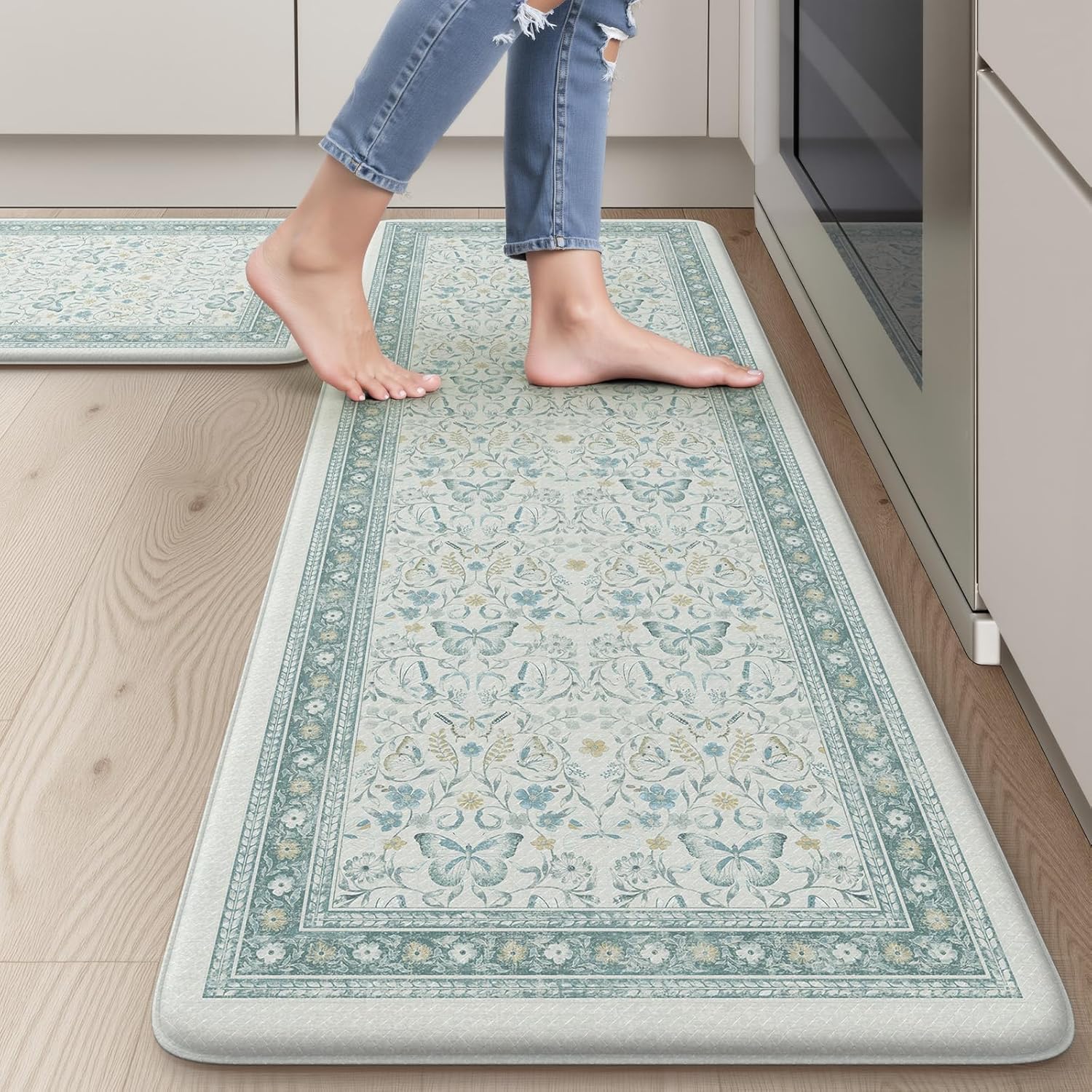Butterfly Kitchen Mats for Floor, Vintage Anti Fatigue Mats for Kitchen Floor, Cushioned Non Slip Waterproof Standing Desk Mat for Front of Sink,Office(Blue)