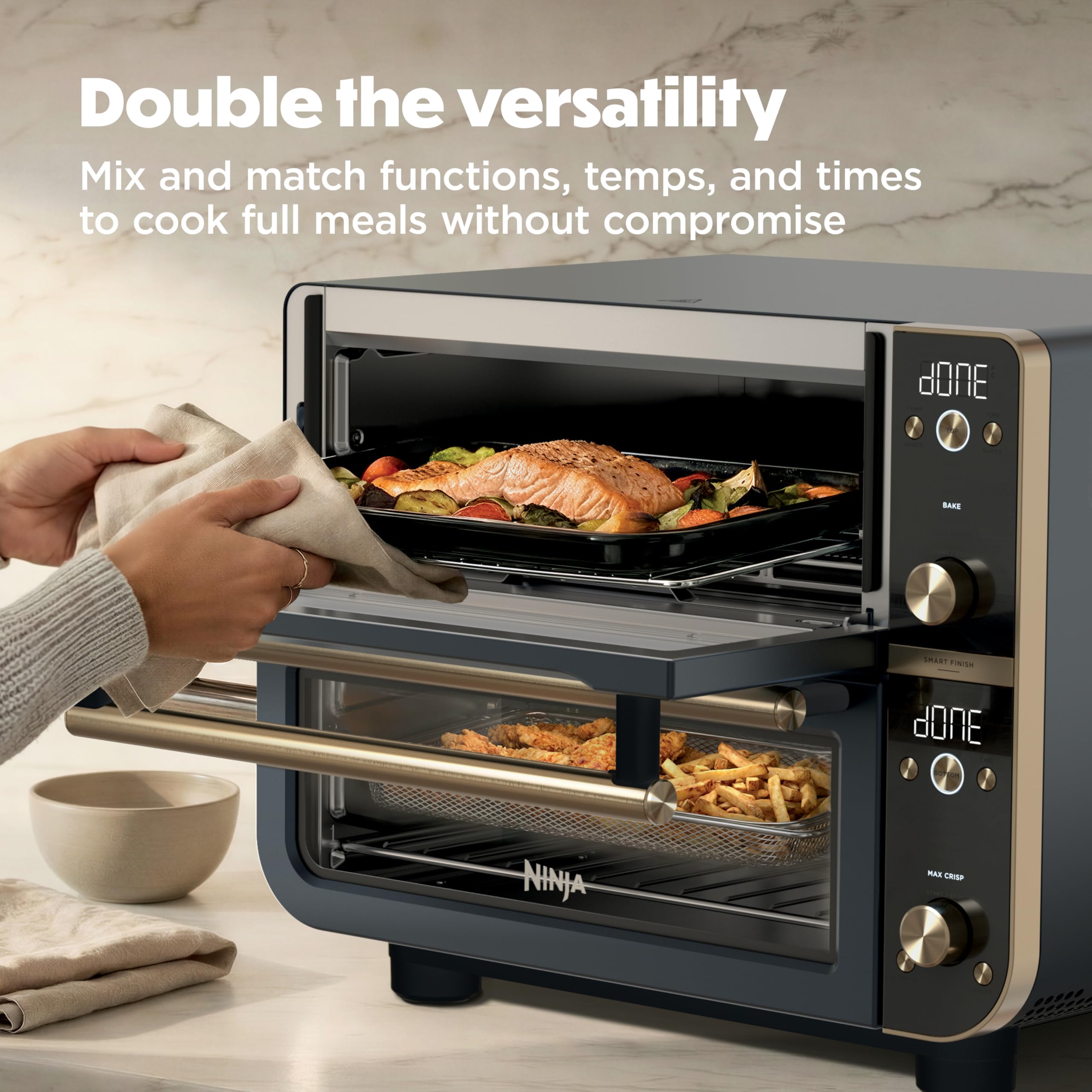 Ninja Double Oven Pro Smart XL - Forno da bancone e friggitrice ad aria | Versatilità 12 in 1 con finitura intelligente e tecnologia DualZone per cucinare 2 pasti alla volta | Adatto per pollo
