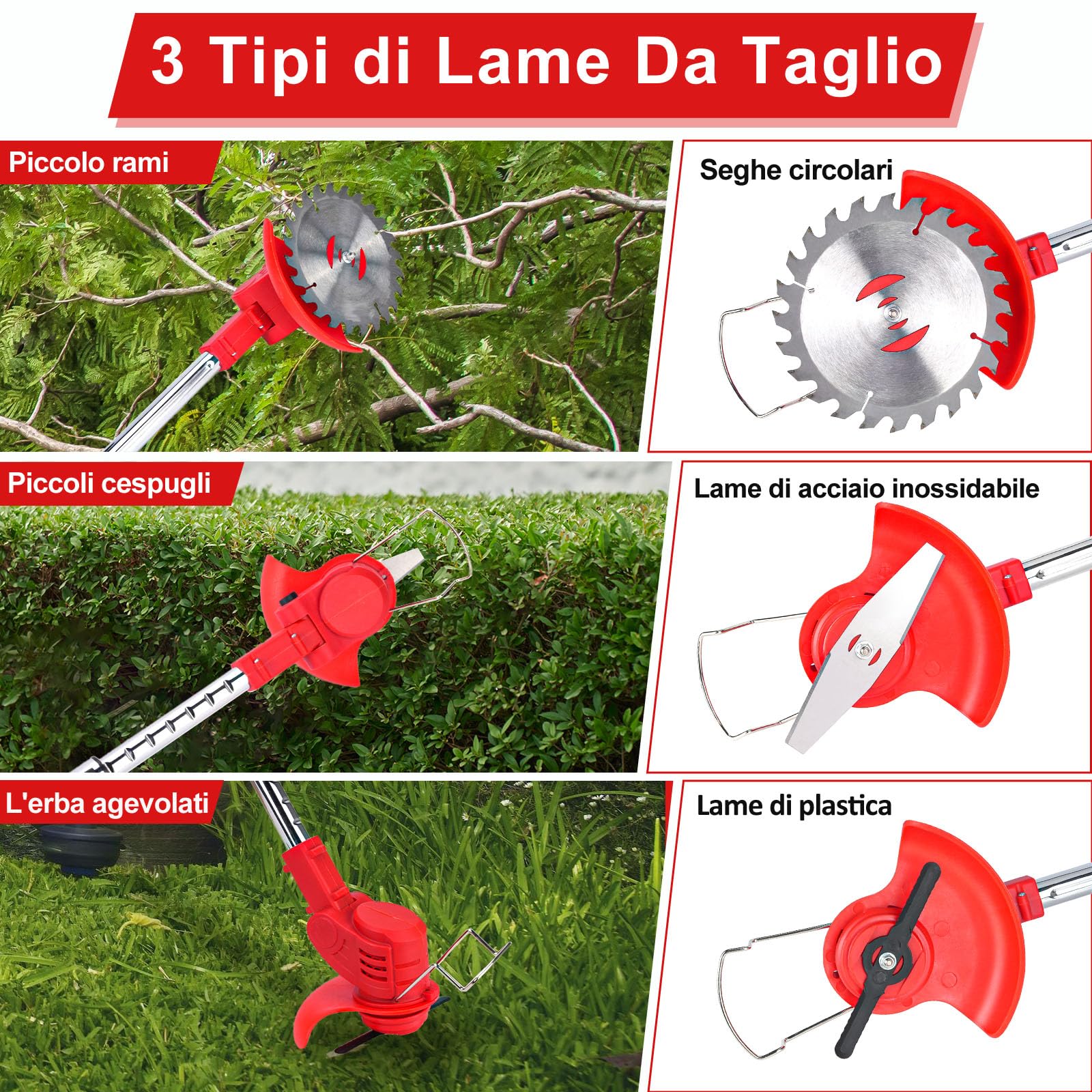 Decespugliatore A Batteria 21V - 2 Batterie 4.0Ah, 4 Lame, Ruote Regolabile | Taglia Erba E Arbusti - Foto 7