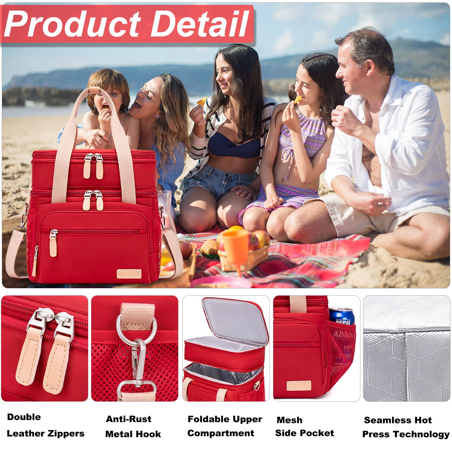 Weitars Fiambrera aislada para mujeres y hombres doble compartimento impermeable reutilizable grande bolsa de almuerzo para niñas y niños bolsa de nevera para trabajo picnic senderismo (15 L) (rojo)