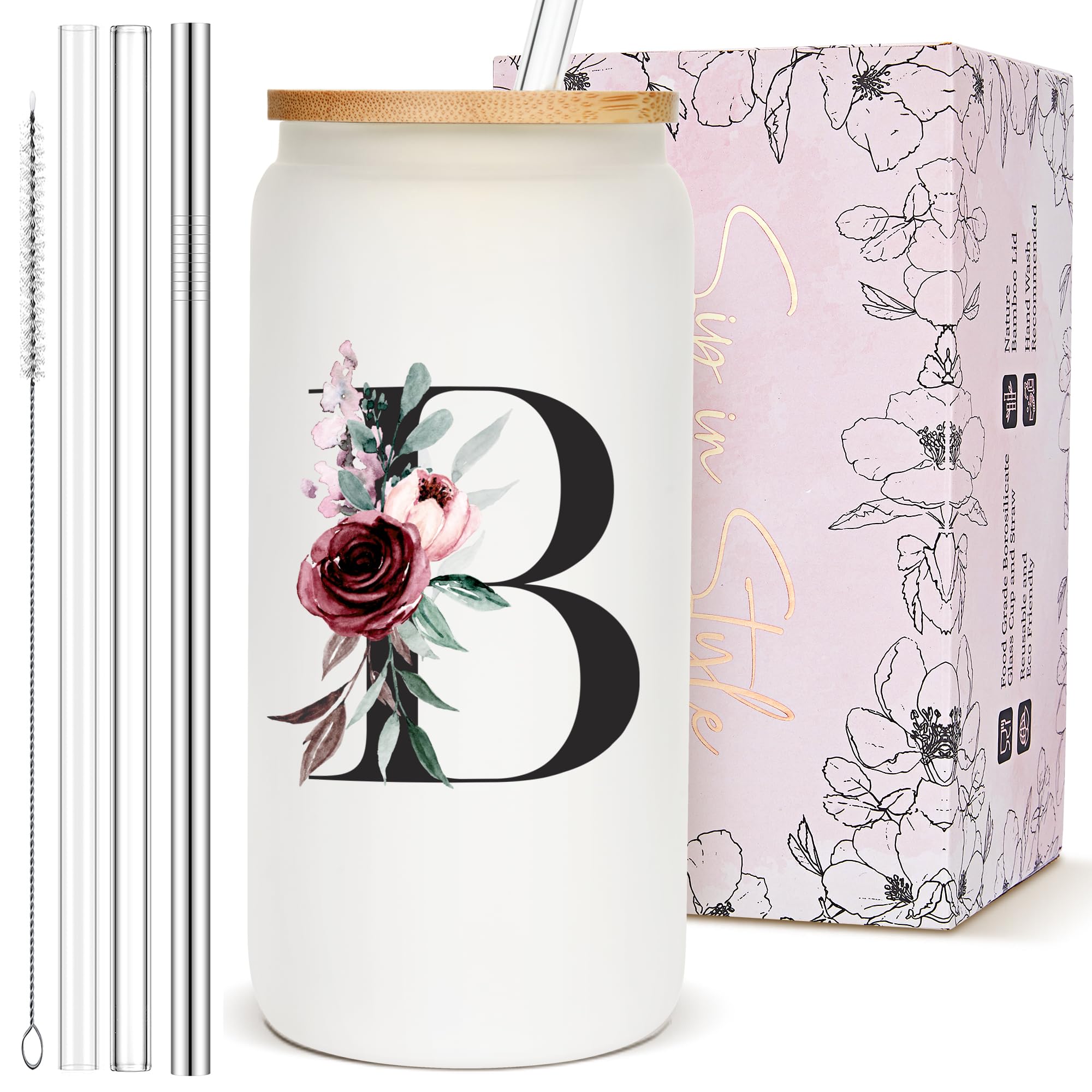Cute Personalized Customized Gifts for Women, Monogram Glass Cups with Bamboo Lids and Straws, Initial Design Drinking Iced Coffee Cup Custom Letter Mug Tumbler, Grandma Teacher Appreciation Gifts, B