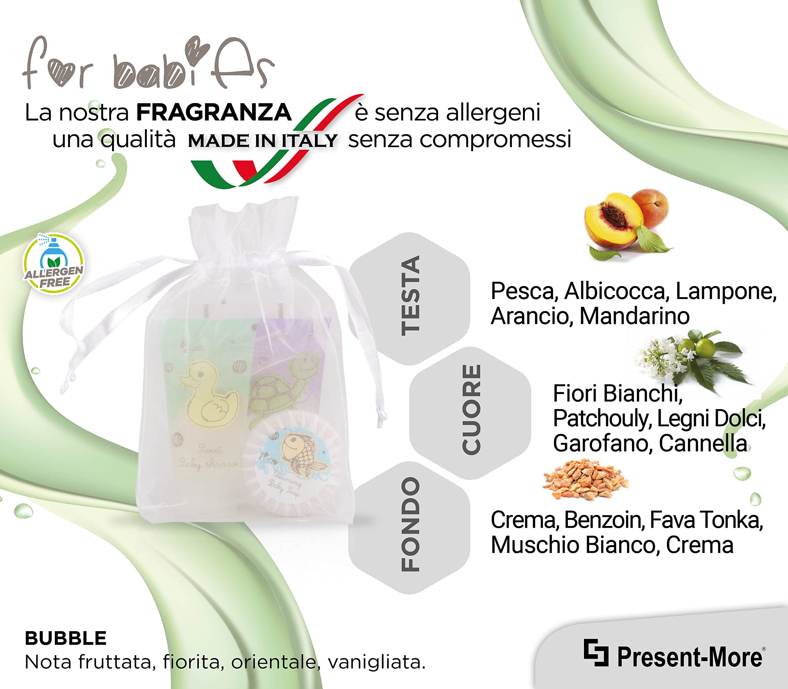 PRESENT-MORE - Set Cortesia 15 Ospiti For Babies | Fragranza Bubble - Shampoo, Gel Doccia, Crema Corpo e Sapone - Made in Italy - Per Hotel e B&B