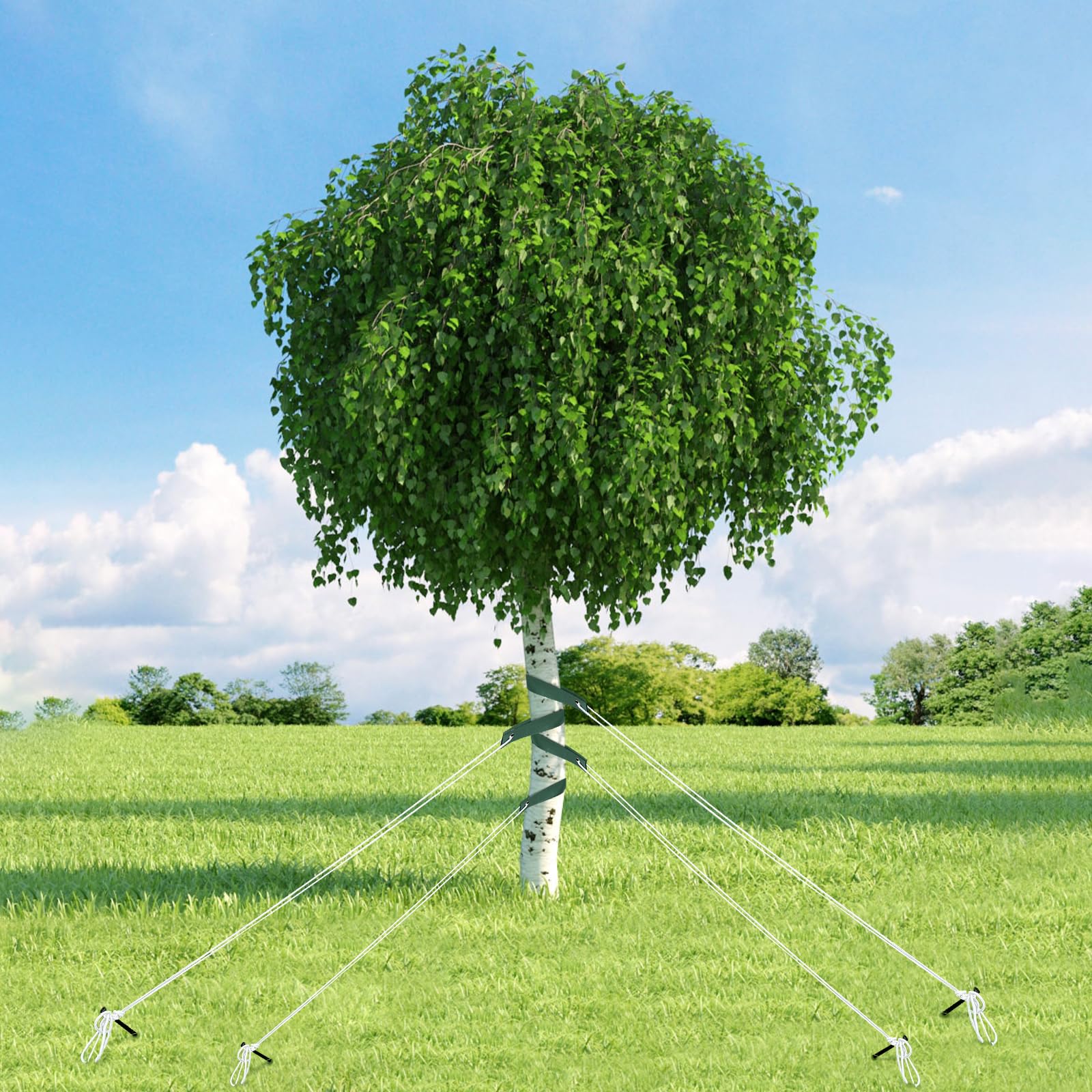21-teiliges robustes Stahl-Baumpfahl-Set, Baumstützpfähle für Gartenpflanzen, Baumglättungsset gegen schlechtes Wetter, 9 Baumgurte, 9 Metallpfähle, 3 Seile zur Verankerung