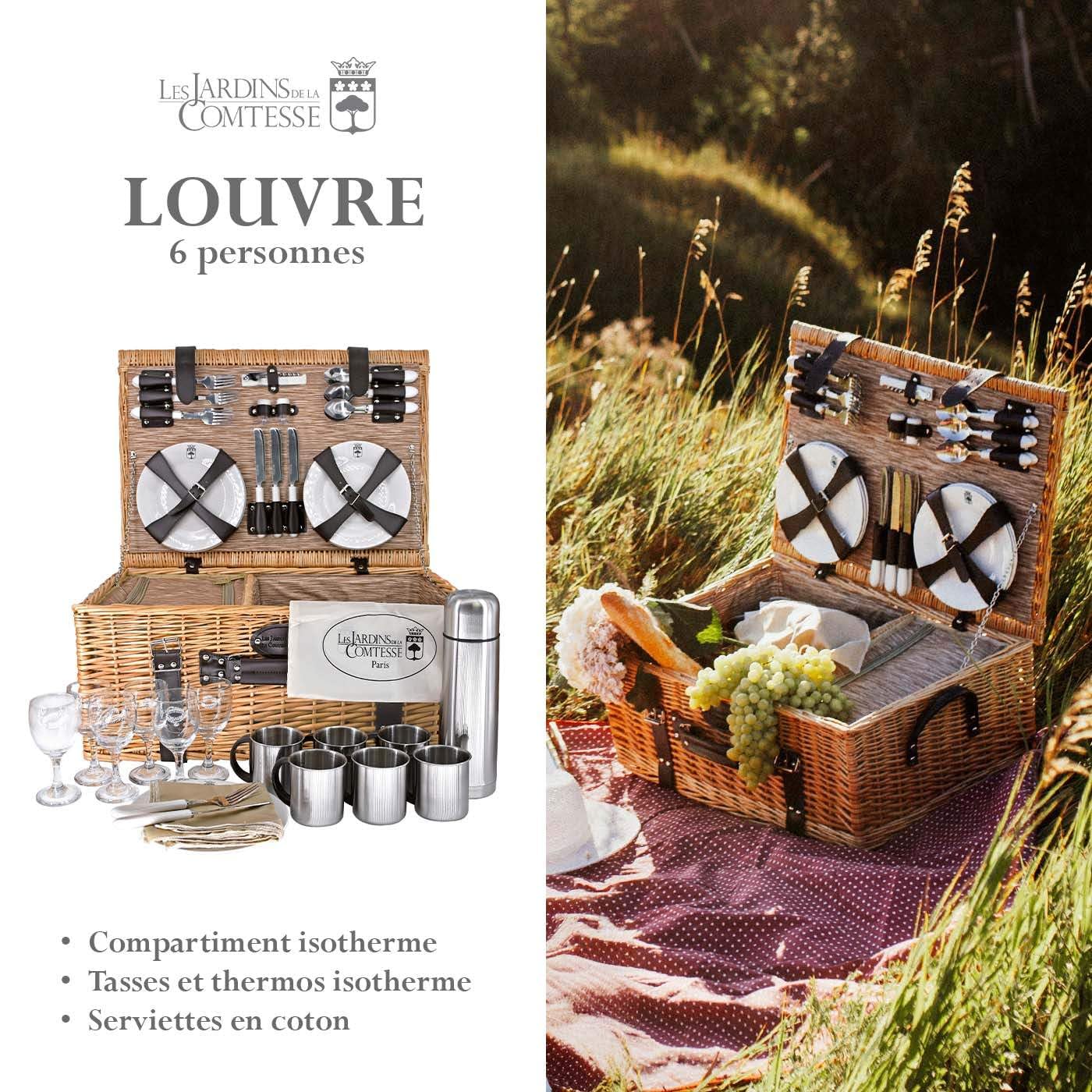 Les Jardins de la Comtesse - Picknickkorb Louvre aus Weide - Komplett Für 6 Personen - Kühlfach - Keramikteller und Weingläsern - Braun Stoff - 60 x 40 x 26 cm
