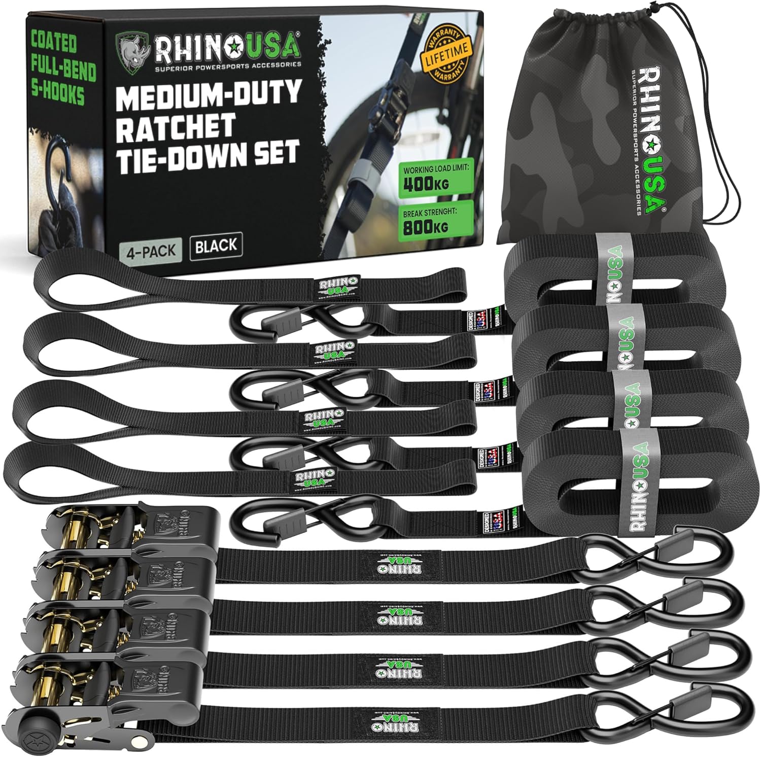 Rhino USA Ratchet Straps Tie Downs (4-Pack) - 1 Inch x 15 Feet (1