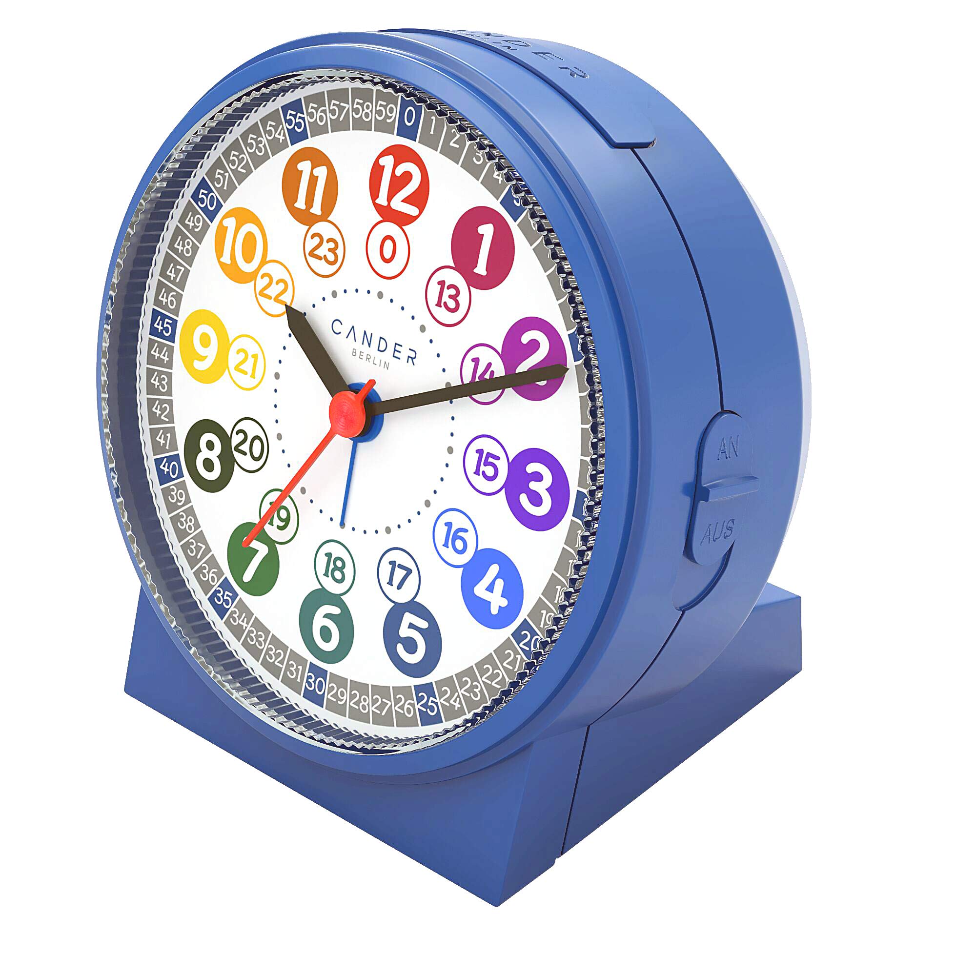 Cander Berlin MNU 1030 J Kinderwanduhr und MNU 1009 J Kinderwecker lautlos blau Lernuhr Wecker Kinder Licht Snooze geräuschlos leise ohne Tickgeräusche analog Wanduhr Kinderzimmer Jungen Mädchen