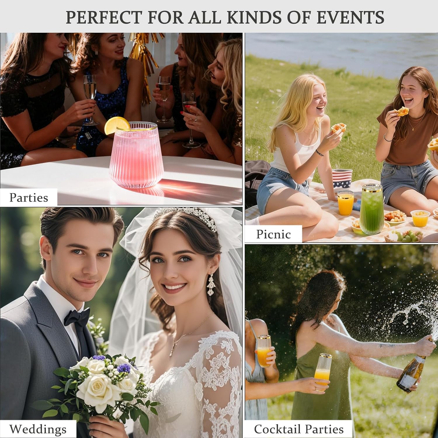 48 Pack Plastic Wine Glasses Disposable Ribbed Champagne Flutes, 24 Pcs 9 OZ Stemless Champagne Flutes & 24 Pcs 14 OZ Disposable Wine Glasses, BPA-Free (Ribbed gold) - Image 7