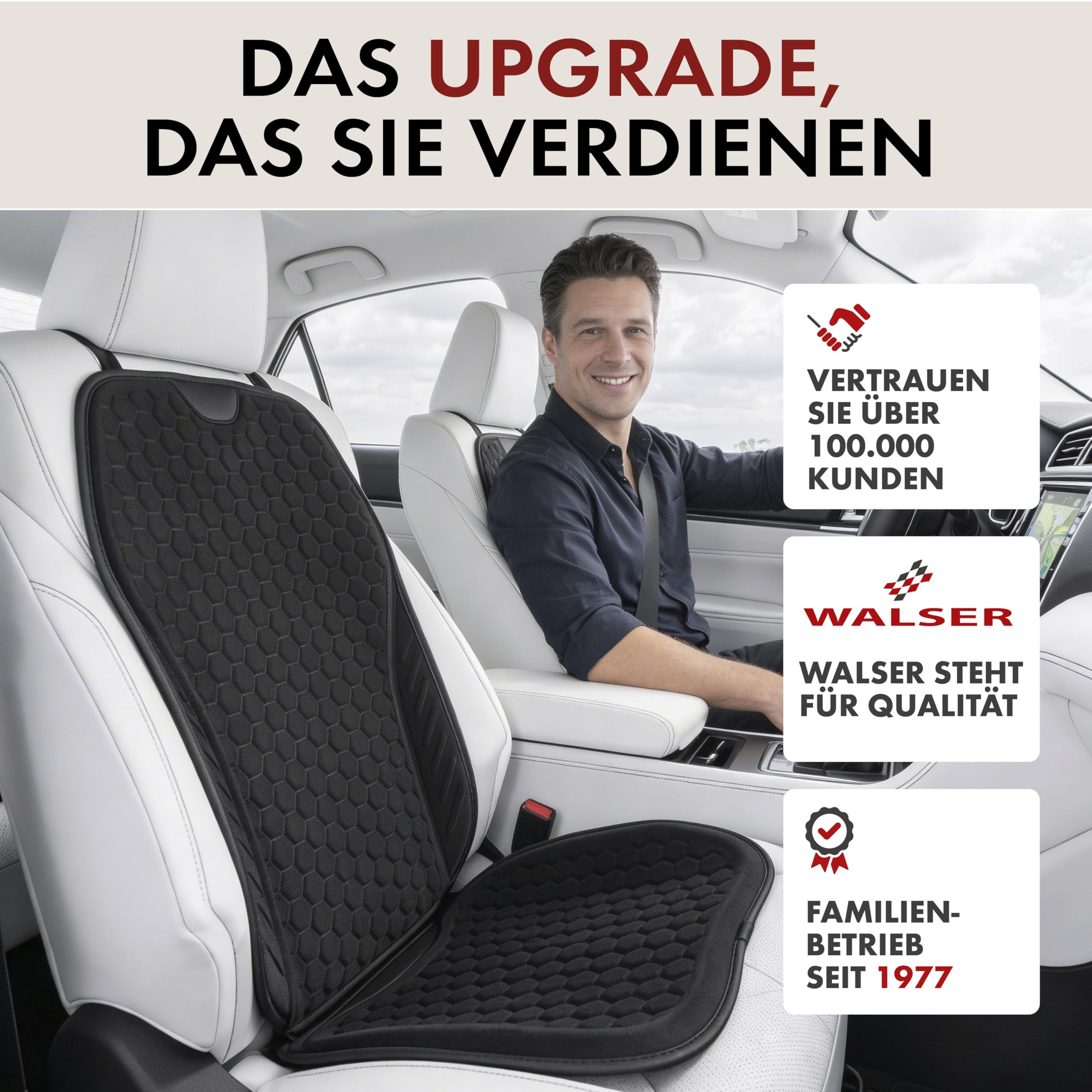 WALSER Premium Sitzauflage Auto Avero, 1 Sitzschoner Auto schwarz, ergonomische Autositzauflage für bequemes Fahren, 1 Stück Sitzkissen PKW Vordersitze, Schonbezug Autositz, Autositzauflage Vordersitz