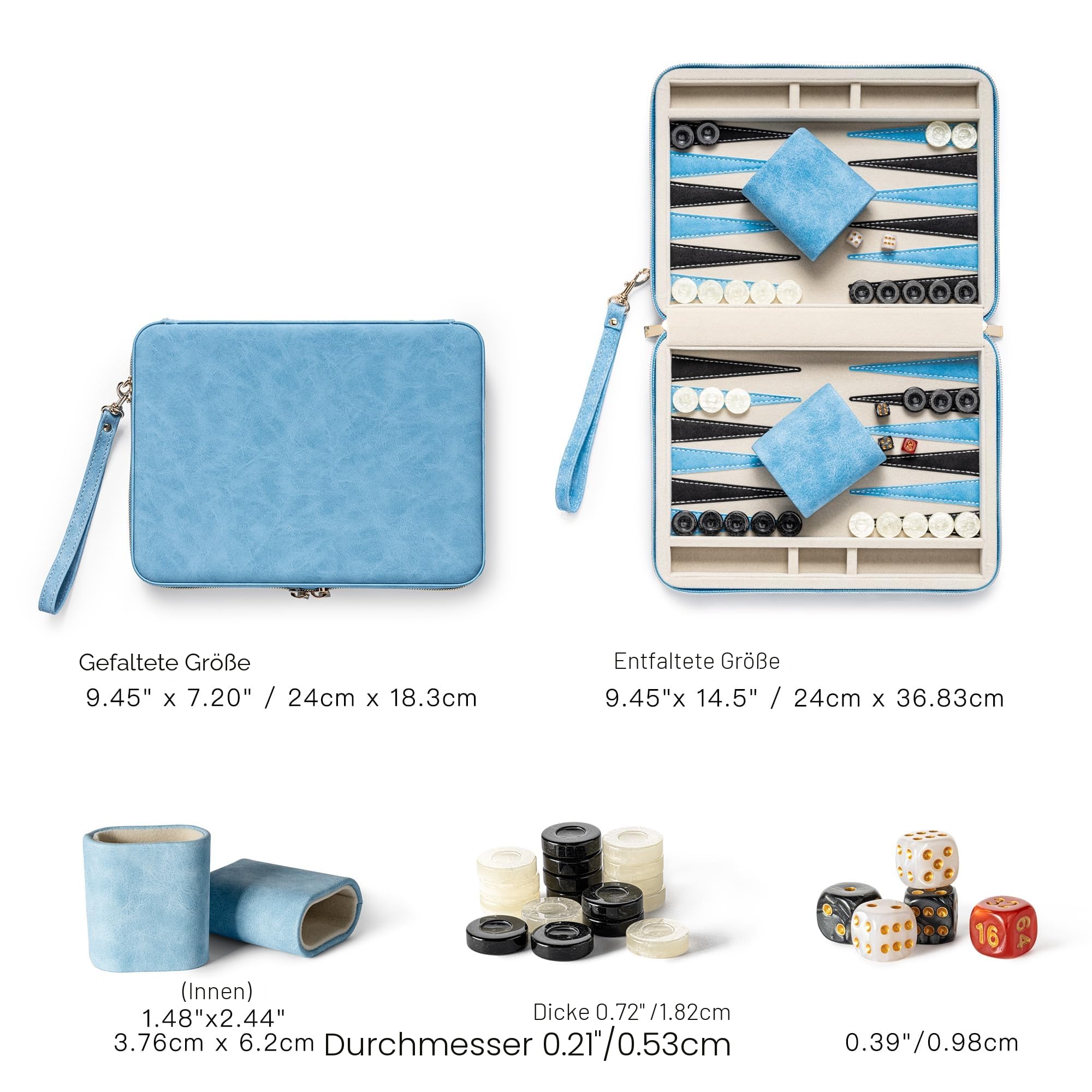 Backgammon-Sets für Erwachsene, klassisches Brettspiel mit faltbarem Kunstleder Backgammonetui, tragbares Reise-Backgammon-Set, inklusive 30 künstlichen Horn-Checkern (Blue)