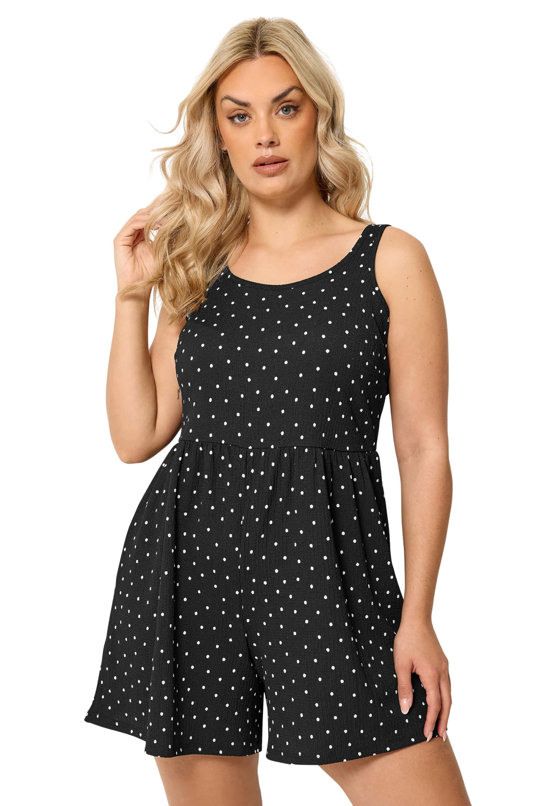 Yours Women's Polka Dot Textured Playsuit in Black | Size: 22-24