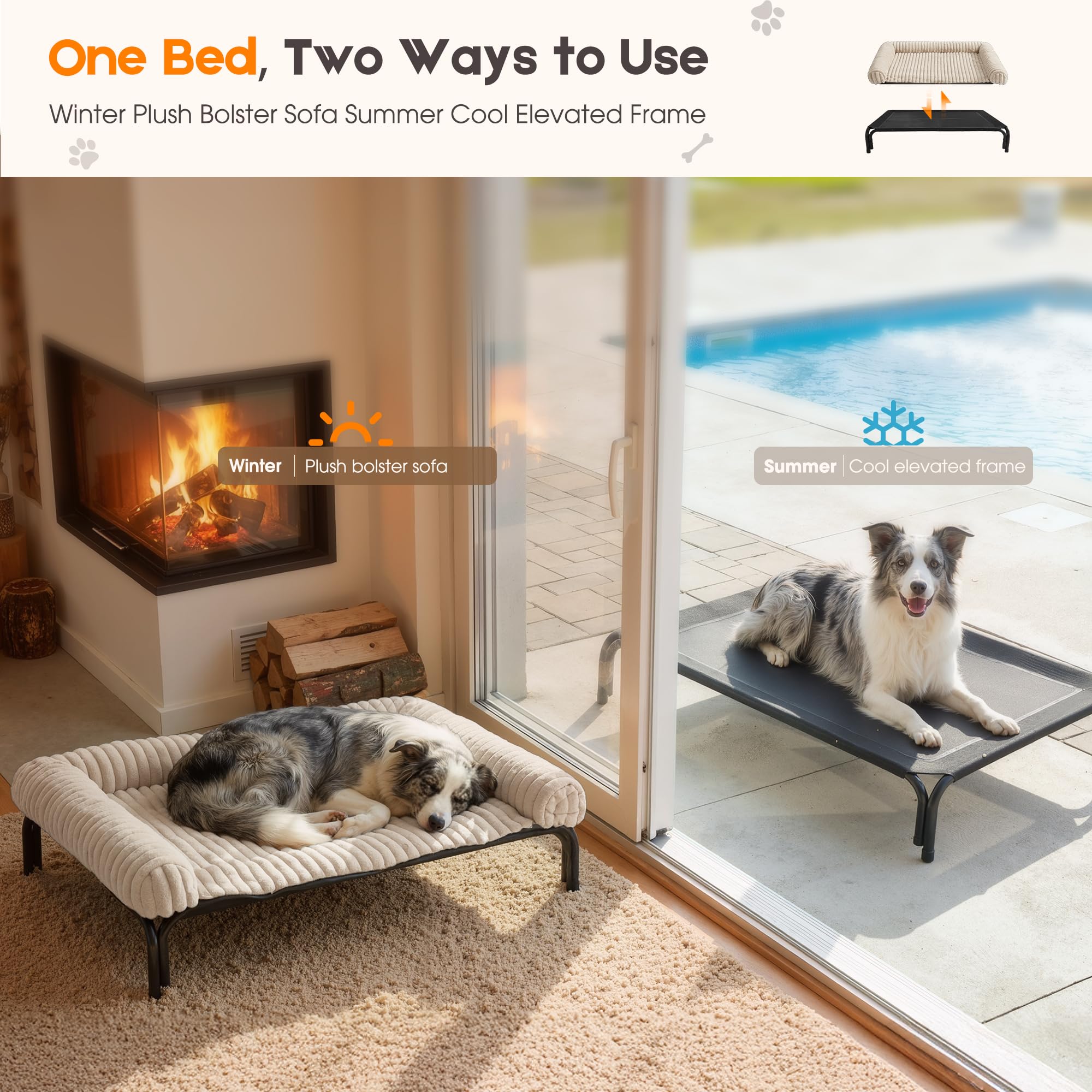 Elevated Dog Bed with Removable Fluffy Pillow Cushion, Raised Pet Cot Washable Bolster, Dog Couch Sofa, Anti Slip Feet, Cream, 43"×32" - image 5