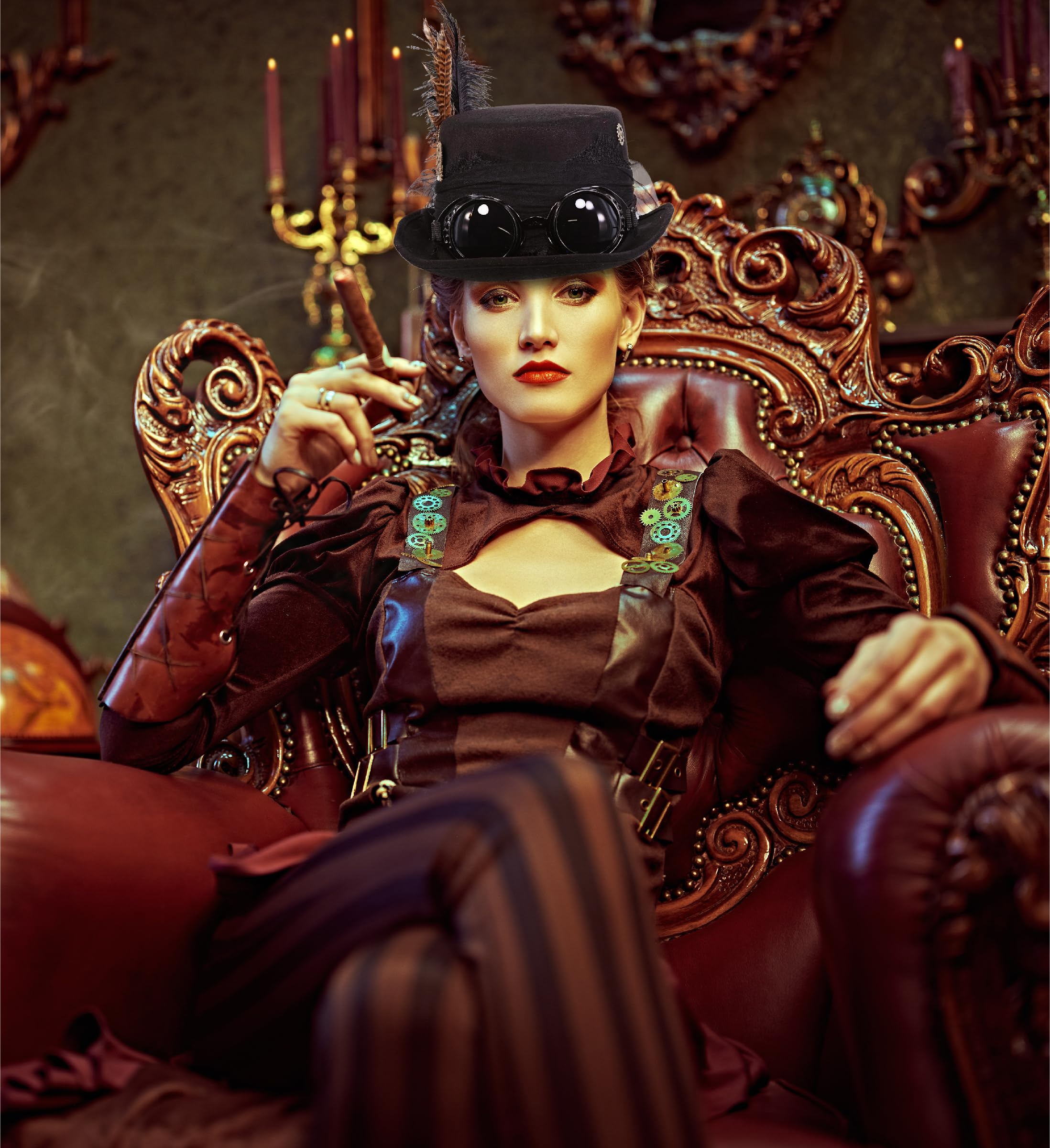 Attitude Studio Fedora Steampunk Hat with Goggles, Feathers, and Gears - Black - Image 7