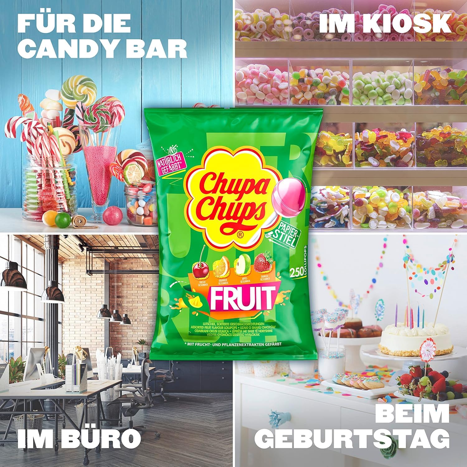 Chupa Chups Lollipops Fruit, Sucettes de Fruits, Pomme, Fraise, Orange, Cerise, 250 Pièces, 3 kg