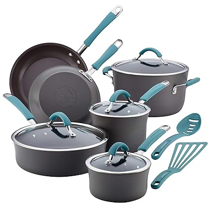 Rachael Ray Cucina Hard-Anodized Aluminum Nonstick Cookware Set, 12-Piece, Gray, Agave Blue Handles