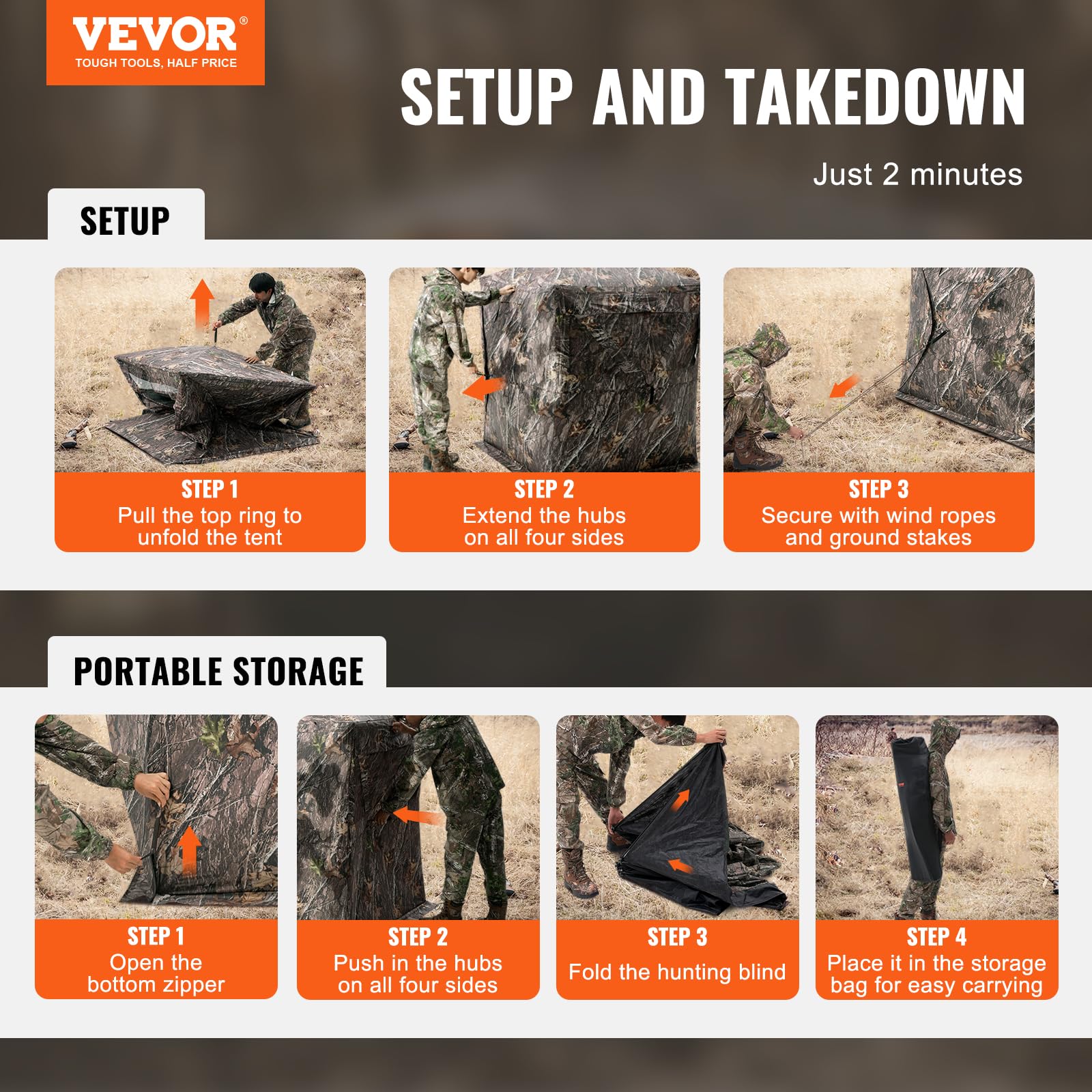 VEVOR Tienda de Caza Portátil Visión de 270° Puesto de Caza Plegable para 1 o 2 Personas con Bolsa de Transporte Tienda de Camuflaje Resistente con 3 Ventanas Horizontales, 1410 x 1410 x 1700 mm