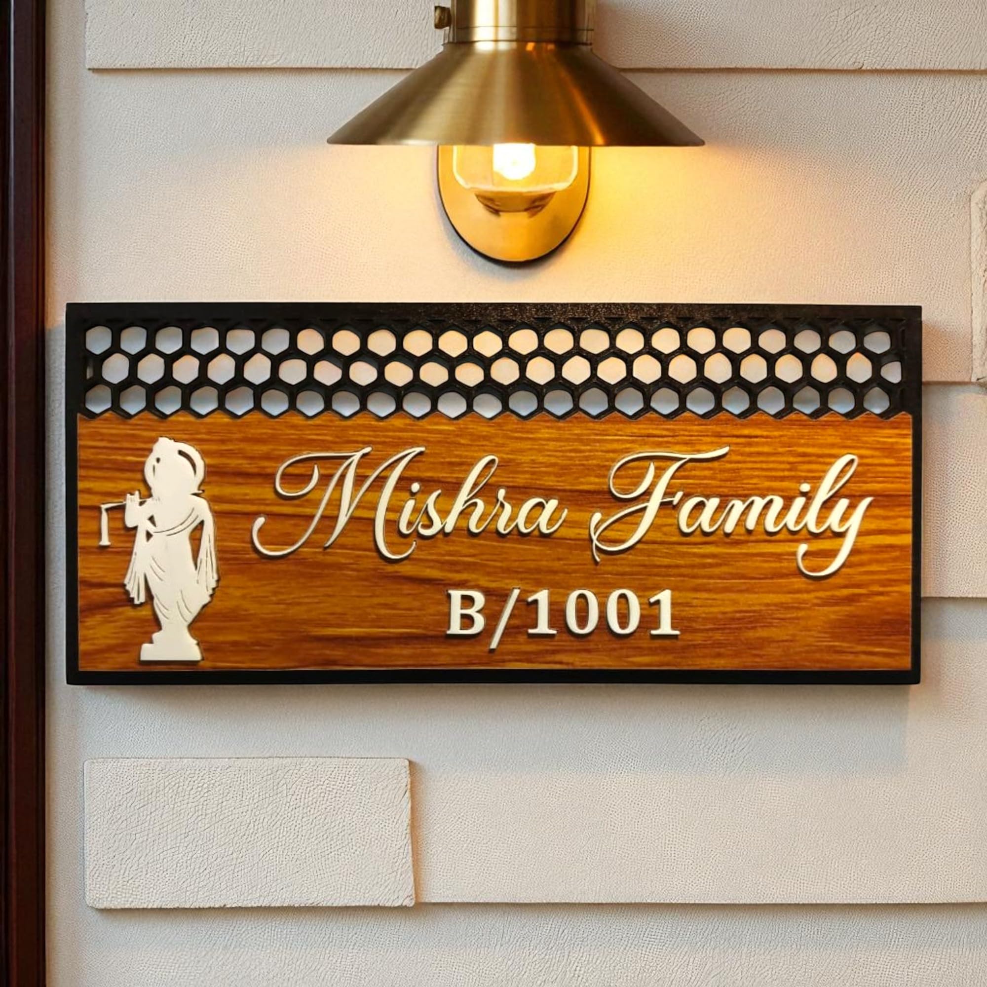 Shayona Personalized Wooden Name Plate for Home | Custom Laser Engraved Door Name Board with Family Name & Flat Number | Modern Wall Mount Nameplate with Lord Krishna Design 2