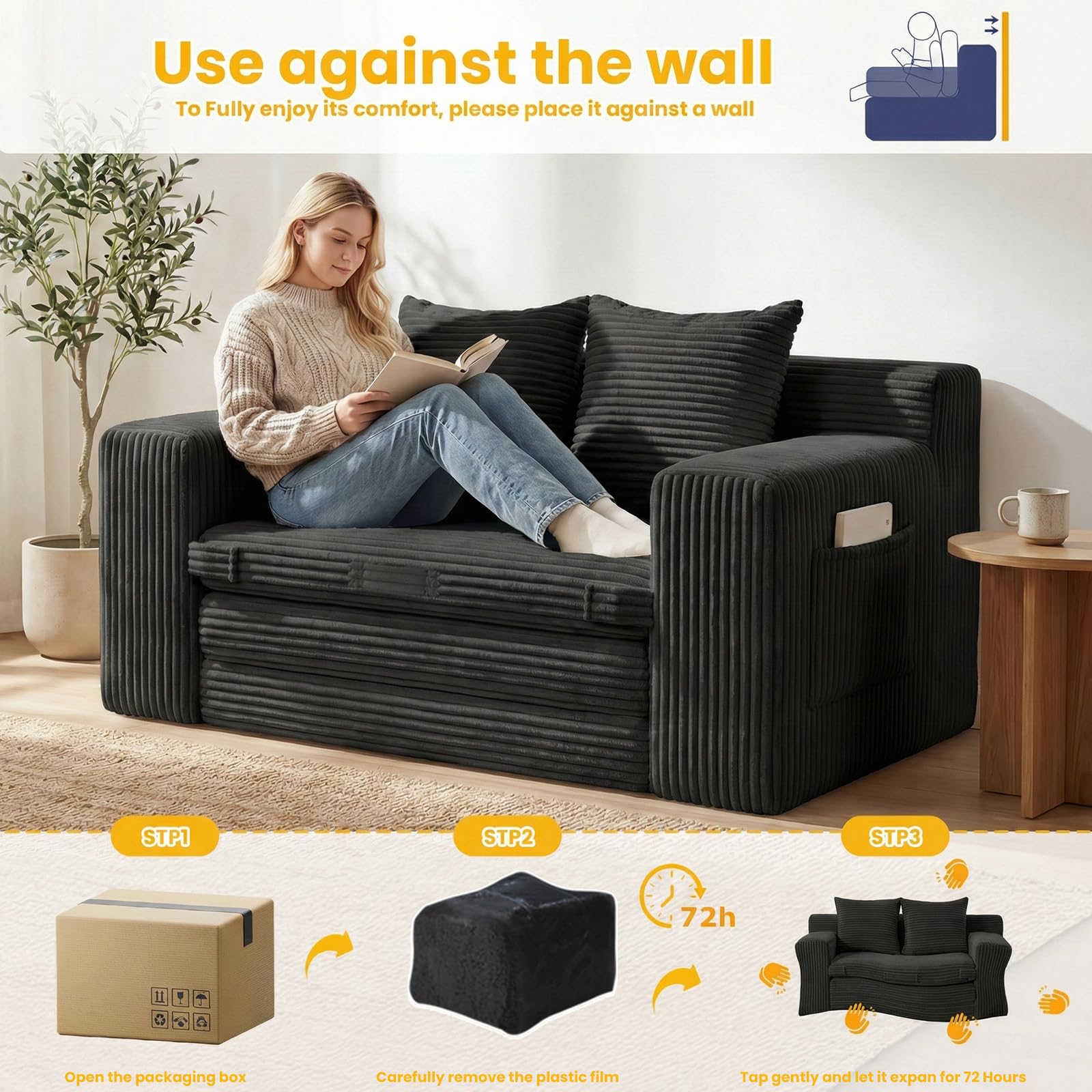 Boneless Couch,Boneless Loveseat Sleeper Sofa Bed – 3-in-1 Convertible Couch Bed with Side Pockets & Handle,Pull Out Corduroy Futon for Small Space,Living Room & Bedroom,2 Pillows Included,No Assembly