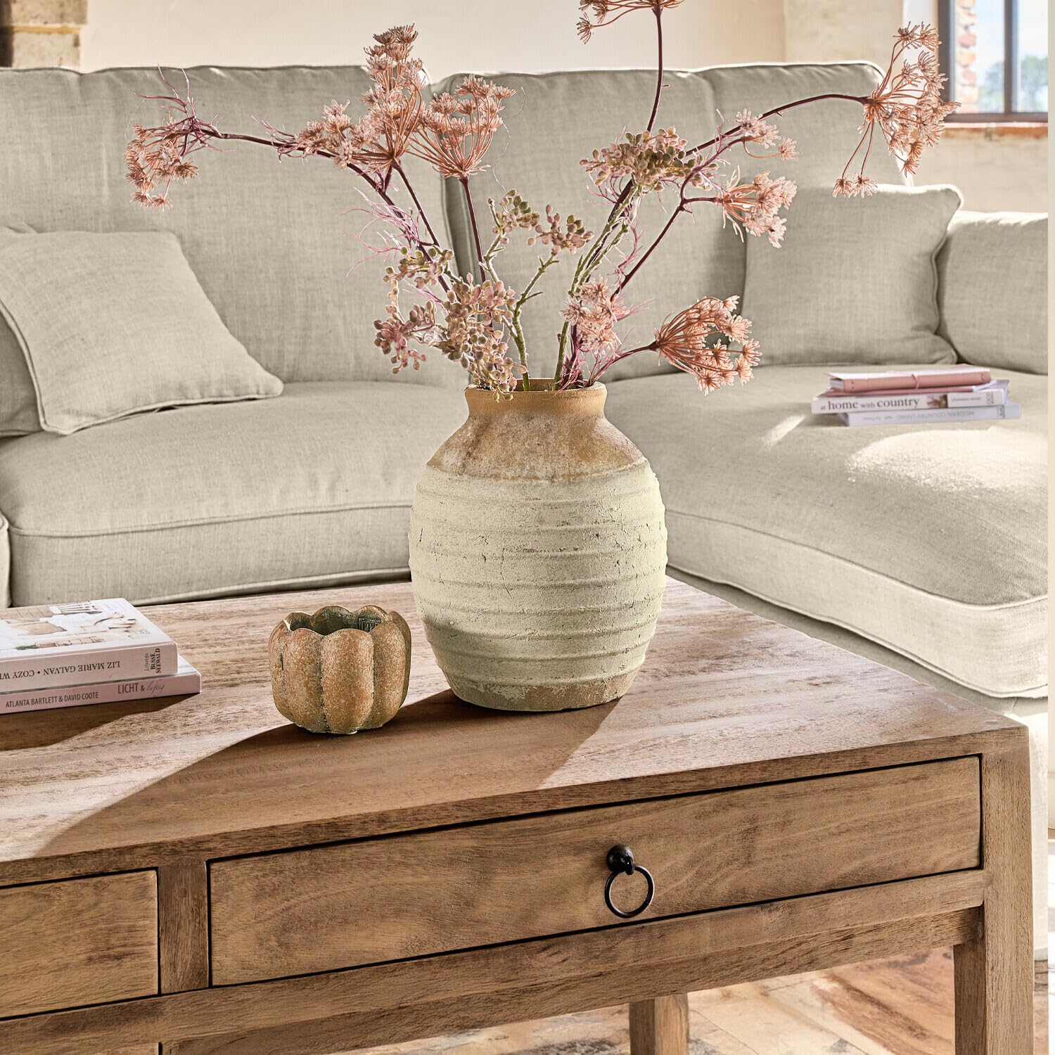 Loberon Sibinna Vase - Dimensions généreuses - pour des Fleurs fraîches ou des Bouquets de Fleurs séchées, Marron/Blanc
