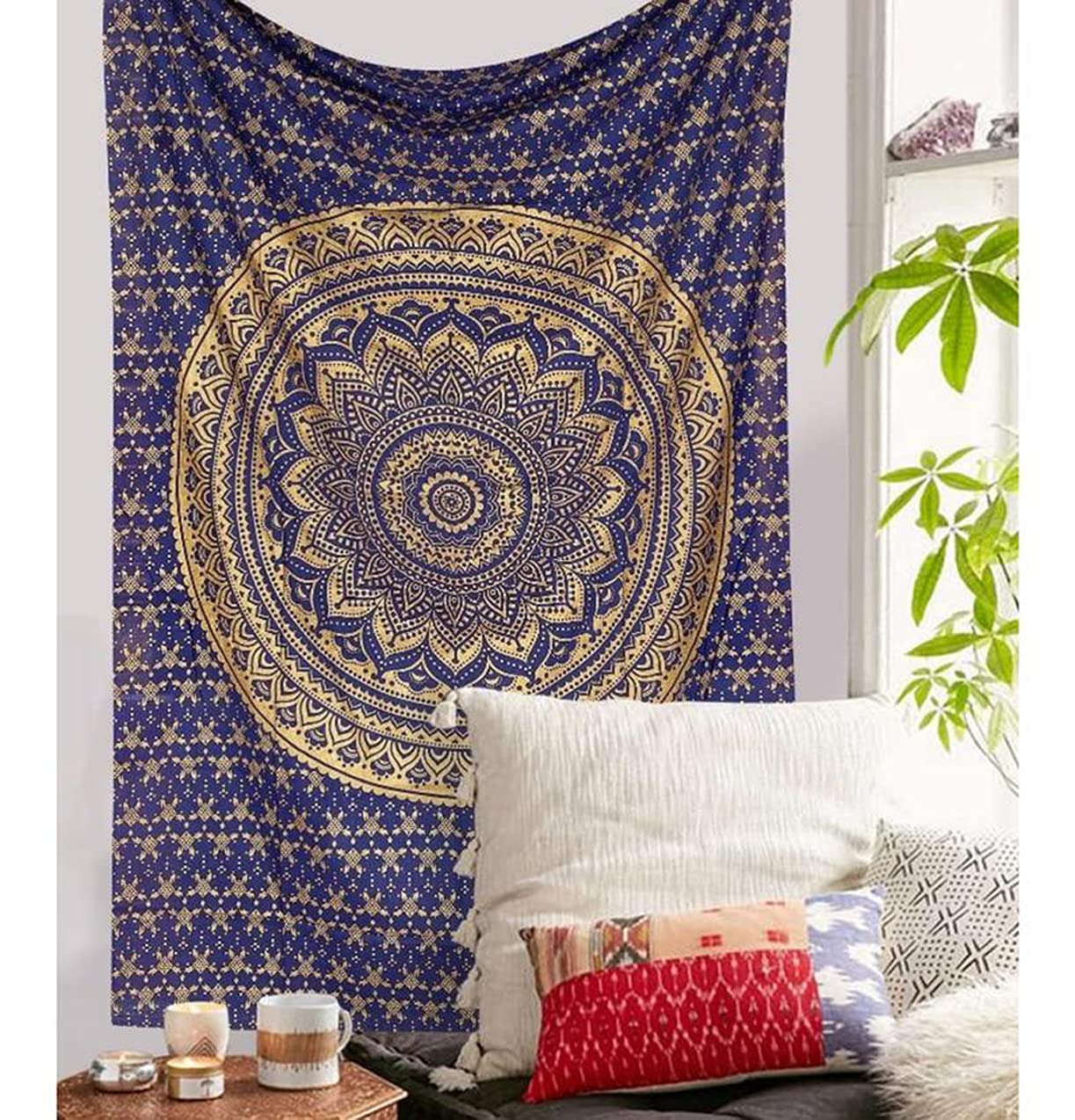 raajsee Blue Gold Mandala Tapestry For Bedroom- Aesthetic Tapestries - Indie Wall Tapestrys Hippie Room Decor - Boho Tapestrys –Trippy Tapestry Wall