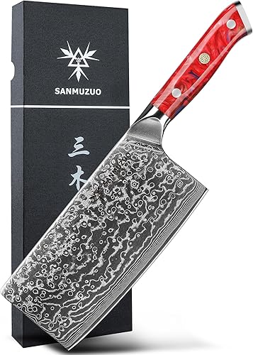 SANMUZUO Cuchillo chino de chef Cuchillo de carnicero de 7 pulgadas Serie Xuan Cuchillo de cocina de acero Damasco VG10 Mango de resina (rojo