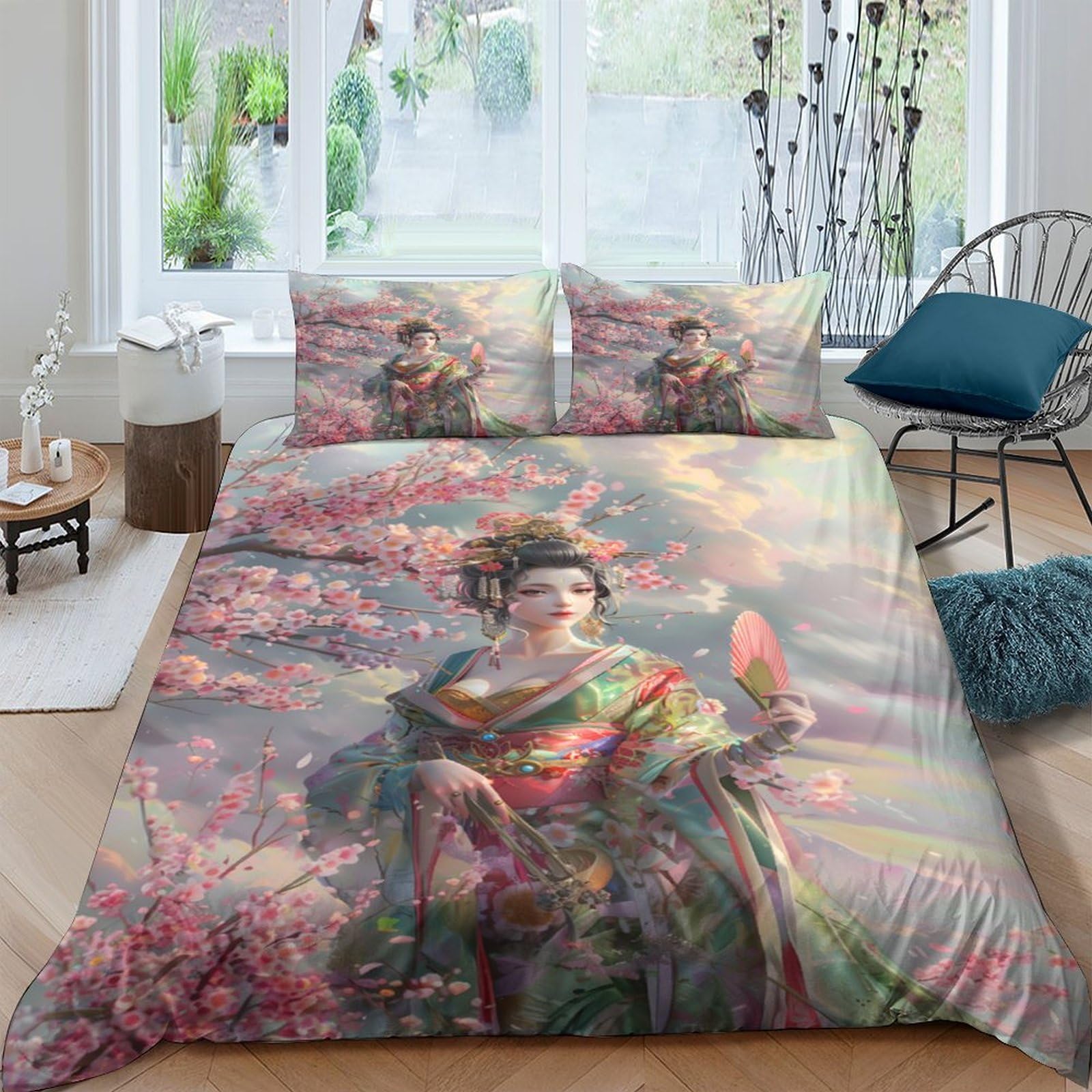 Ctjqhvkz Style-5 3D Printed Oriental Beauty Fitted Sheet Microfiber Soft Breathable Floral Kimono Bed Cover For Bedroom Guest Room Decor Single（135X200cm）