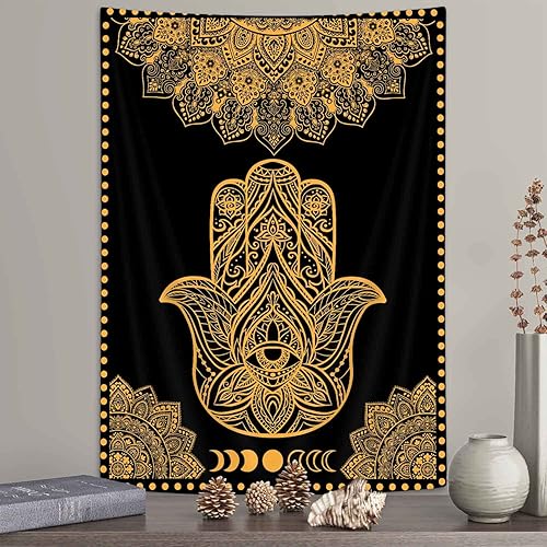 Boziqr Tapiz de pared psicodélico espiritual Hamsa Hand Black Gold Mandala Evil Eye para dormitorio, estética de 40 x 60 pulgadas