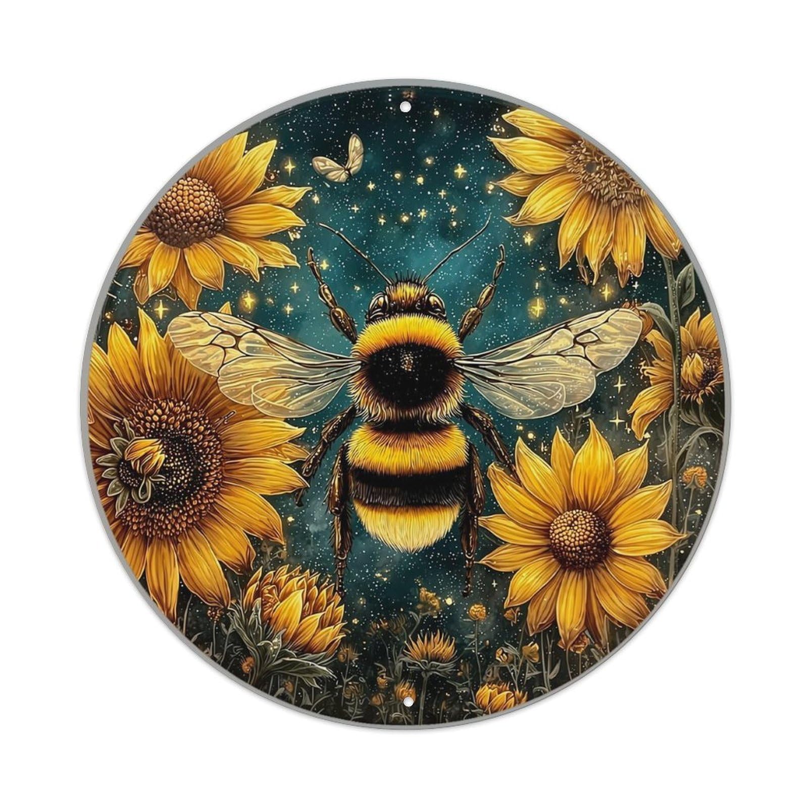 Bee Sunflower Starry Night Pattern Metal Tin Sign Plaque