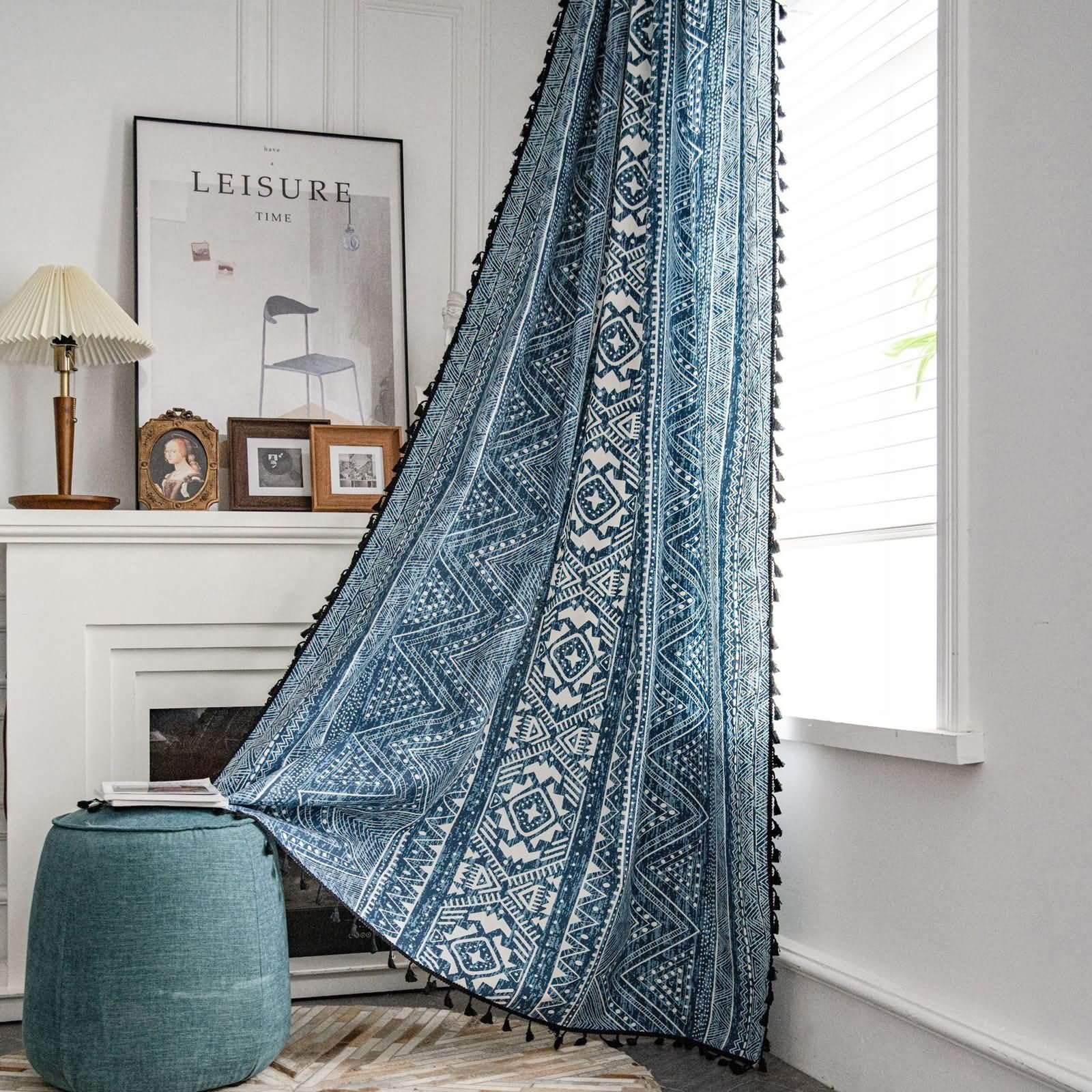 Lot 2 Rideaux Panneau Rideau Voilage 2 x 150W x 180H CM,Rideaux Panneaux Voilage Bleu Motif Géométrique Rideau a Oeillet