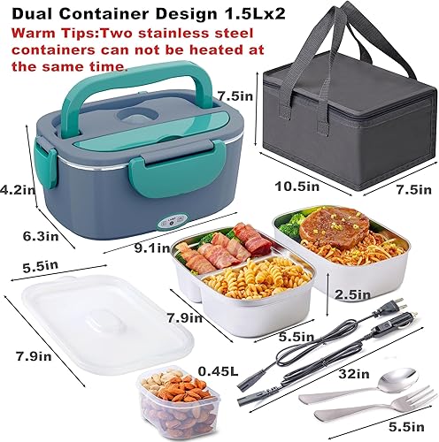 Miniatura 3 de Nifogo Fiambrera eléctrica para adultos con 2 recipientes de acero inoxidable de 1.5 L y 80 W, fiambreras térmicas para hombres, lonchera eléctrica