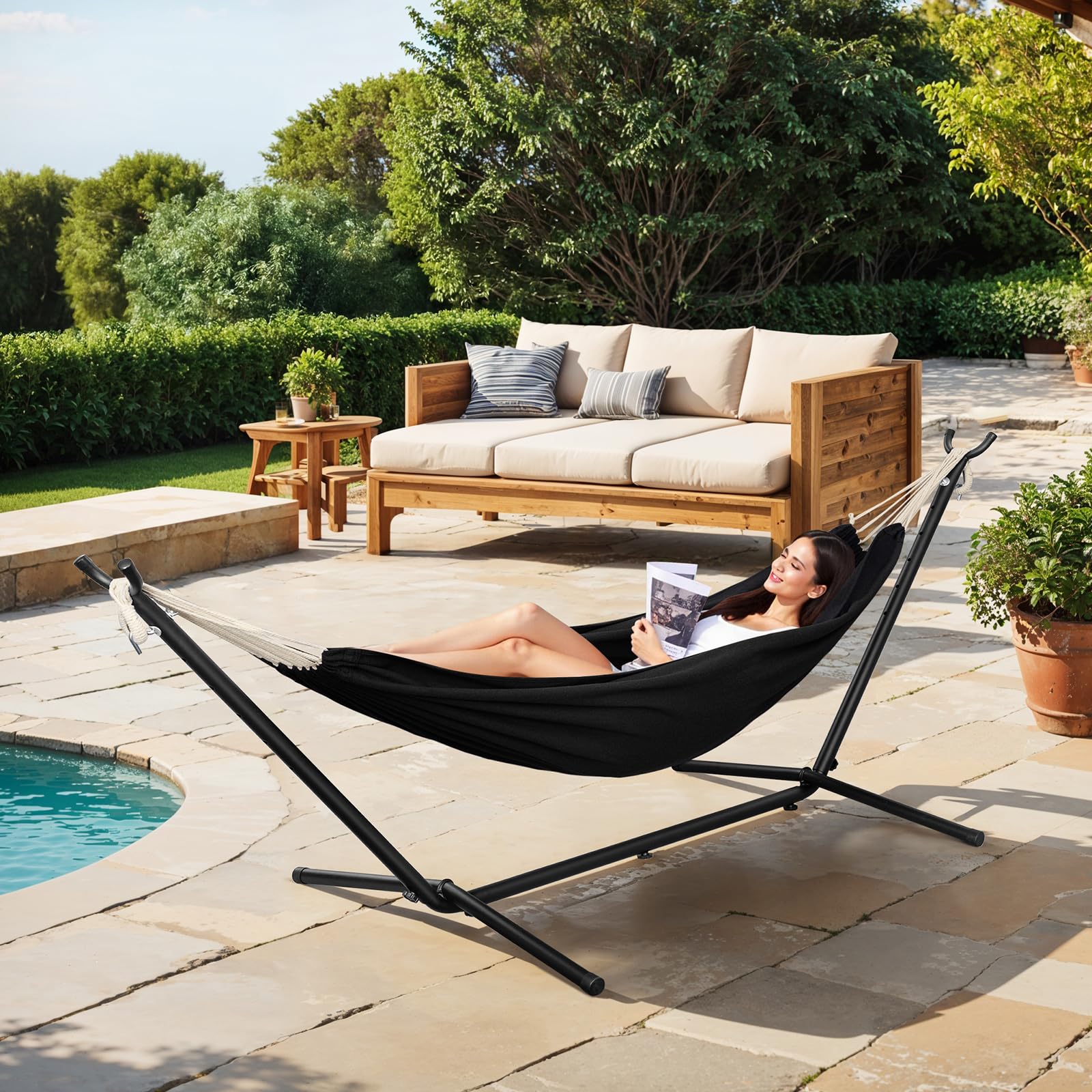 Laneetal Hamac sur Pied, Hamac avec Support en Métal, 2 Personnes, Charge de 250kg, Sac de Transport, pour Camping, Jardin, Patio, Balcon, Piscine, 280x106x100cm (Anthracite, 280x106x100cm)