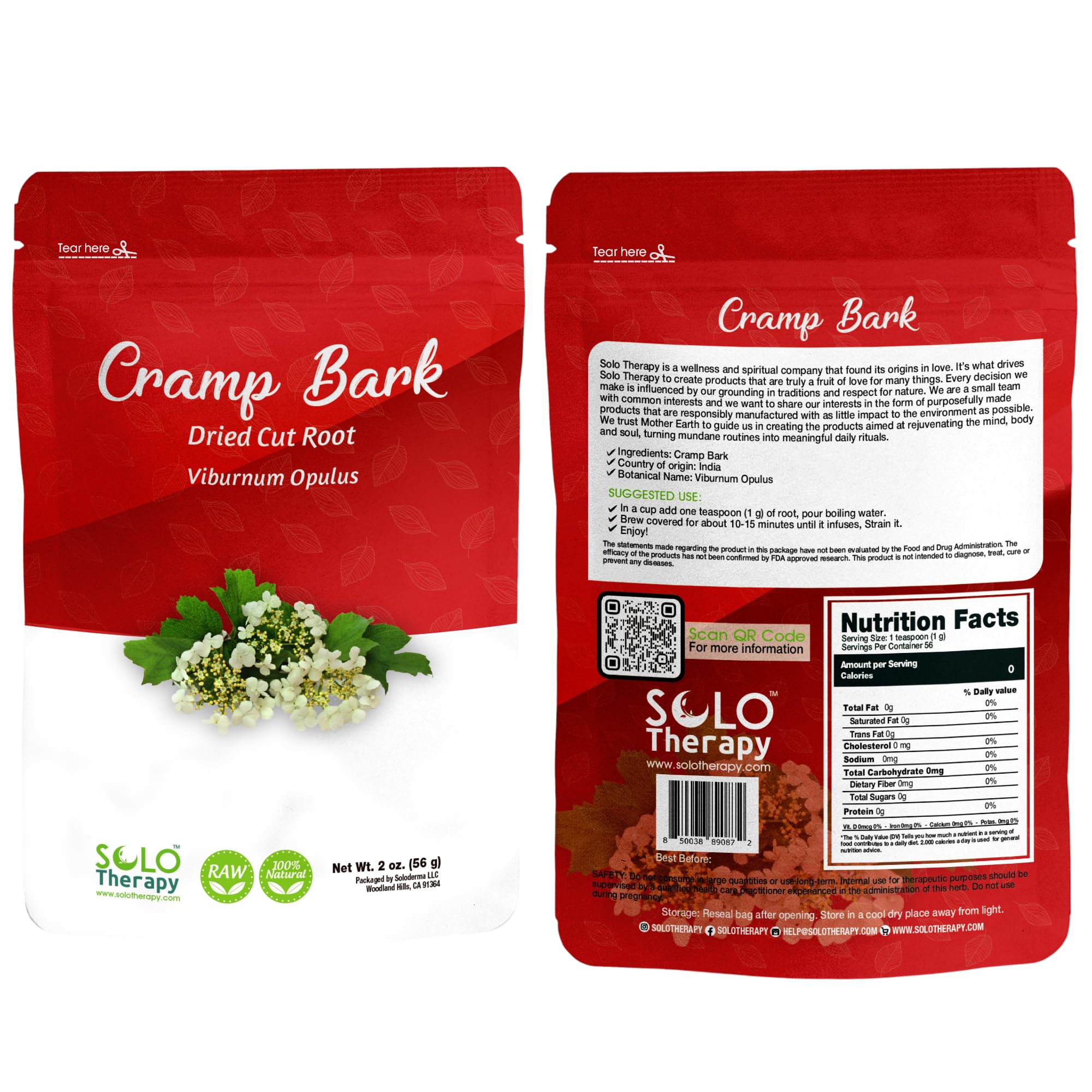Cramp Bark Tea - 56 grams - Cut and Sifted - Viburnum Opulus L Resealable Bag - 56 grams - Premium Quality (Cramp Bark)