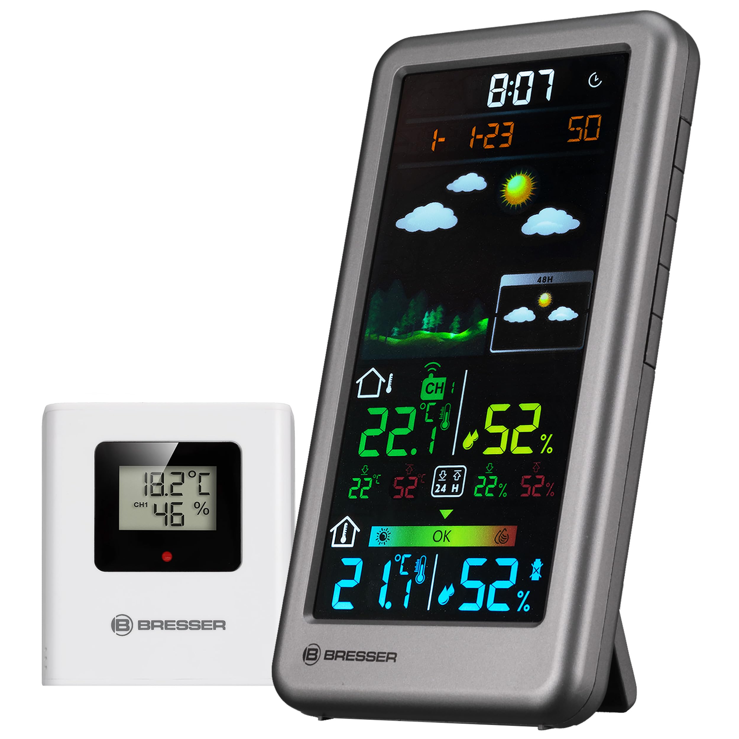 Bresser Neomeo V Stazione meteo con sensore esterno, argento | Temperatura interna ed esterna, umidità, previsioni 24 e 48 h, comfort interno, avviso gelo, orologio radio