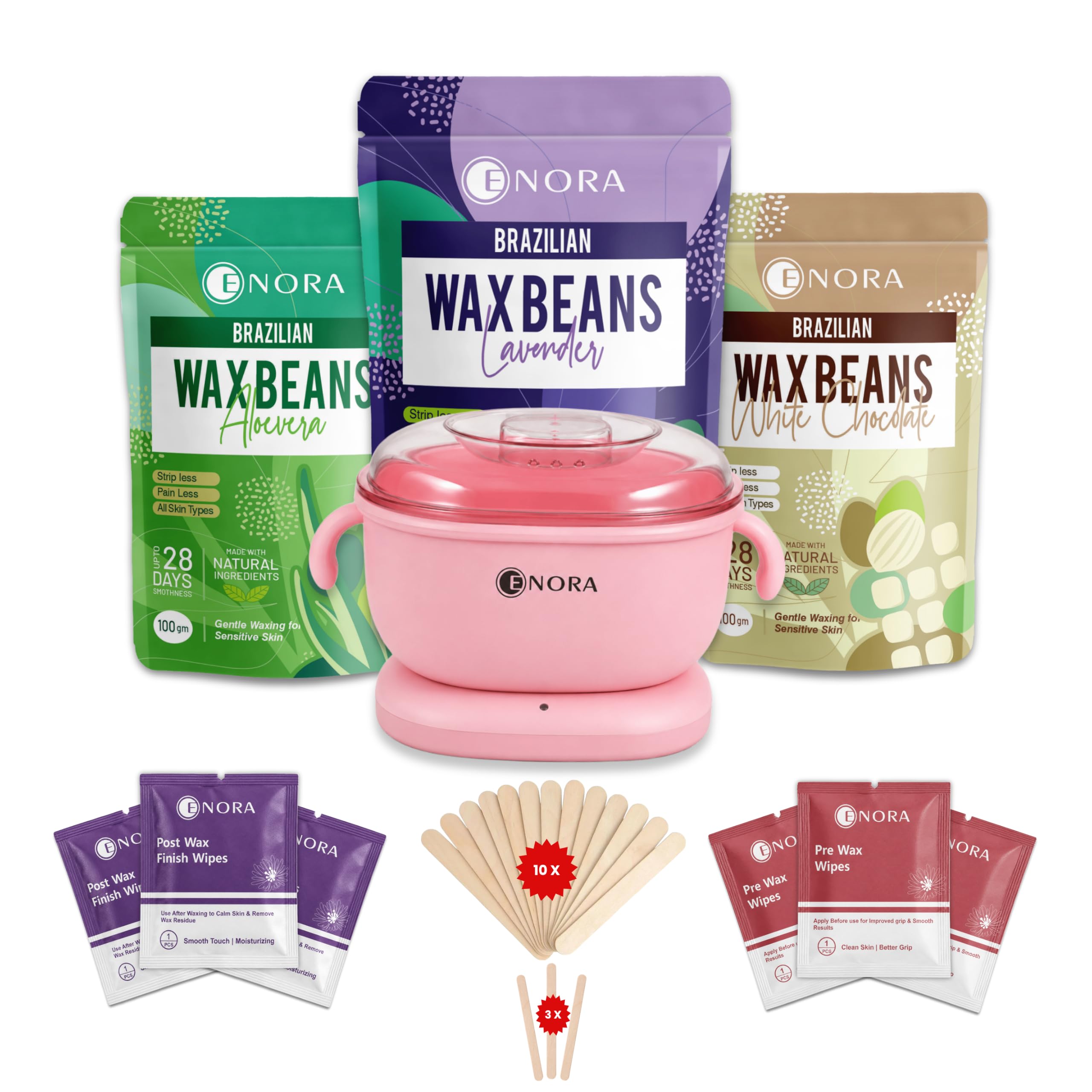 ENORA Premium Waxing Kit for Women - Silicone Wax Warmer for Hair Removal, Eyebrow, Bikini, Legs, Face, Brazilian Wax & More - Machine + 3-Pack Hard Wax Beads (100 g)+ Accessories