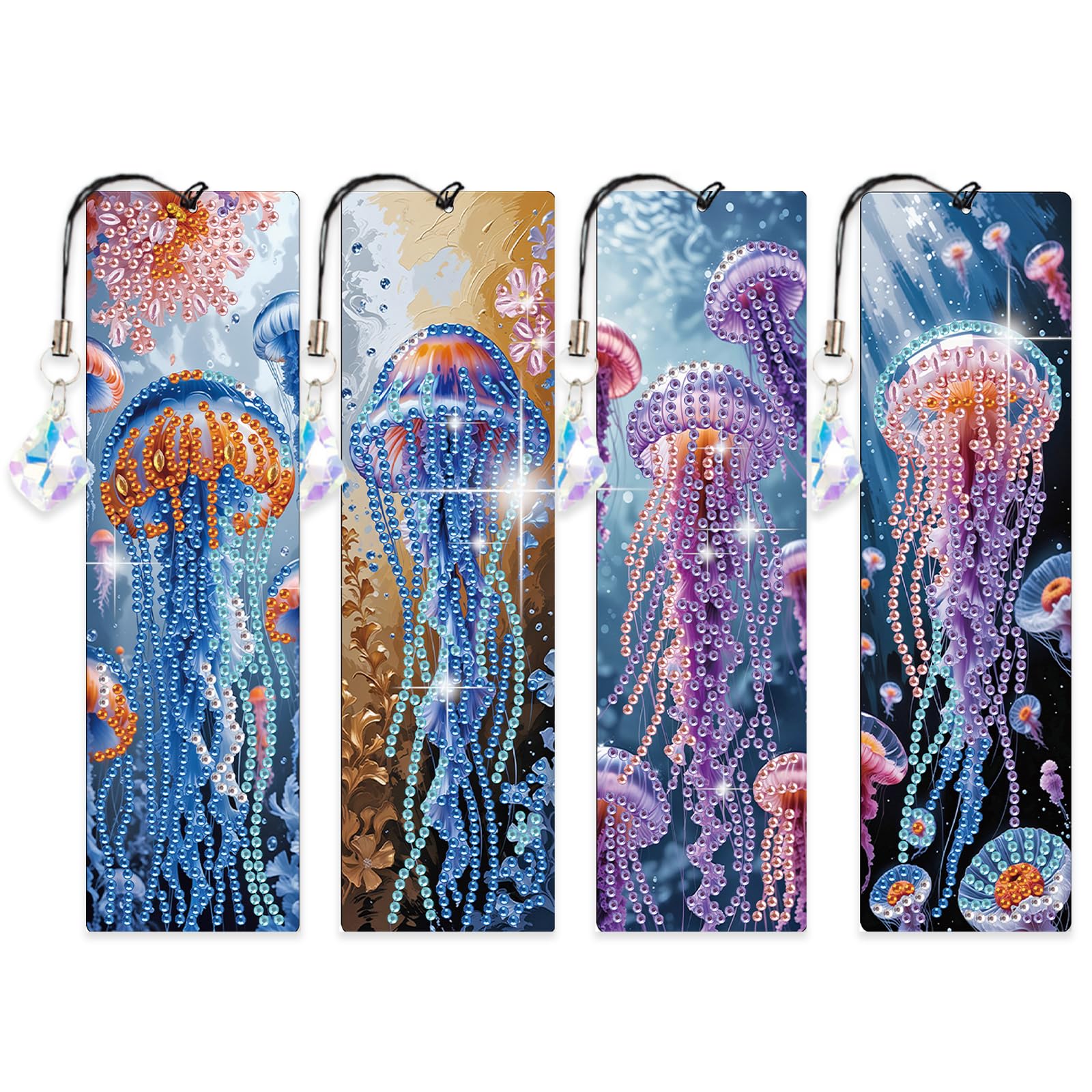 4 PCS Diamond Art Painting Bookmarks, 5D DIY Diamond Bookmark Art Projects with Crystal Pendants Bookmark Special Shape for DIY Making Beginners Adult Arts Craft Supplies for Adults Kids