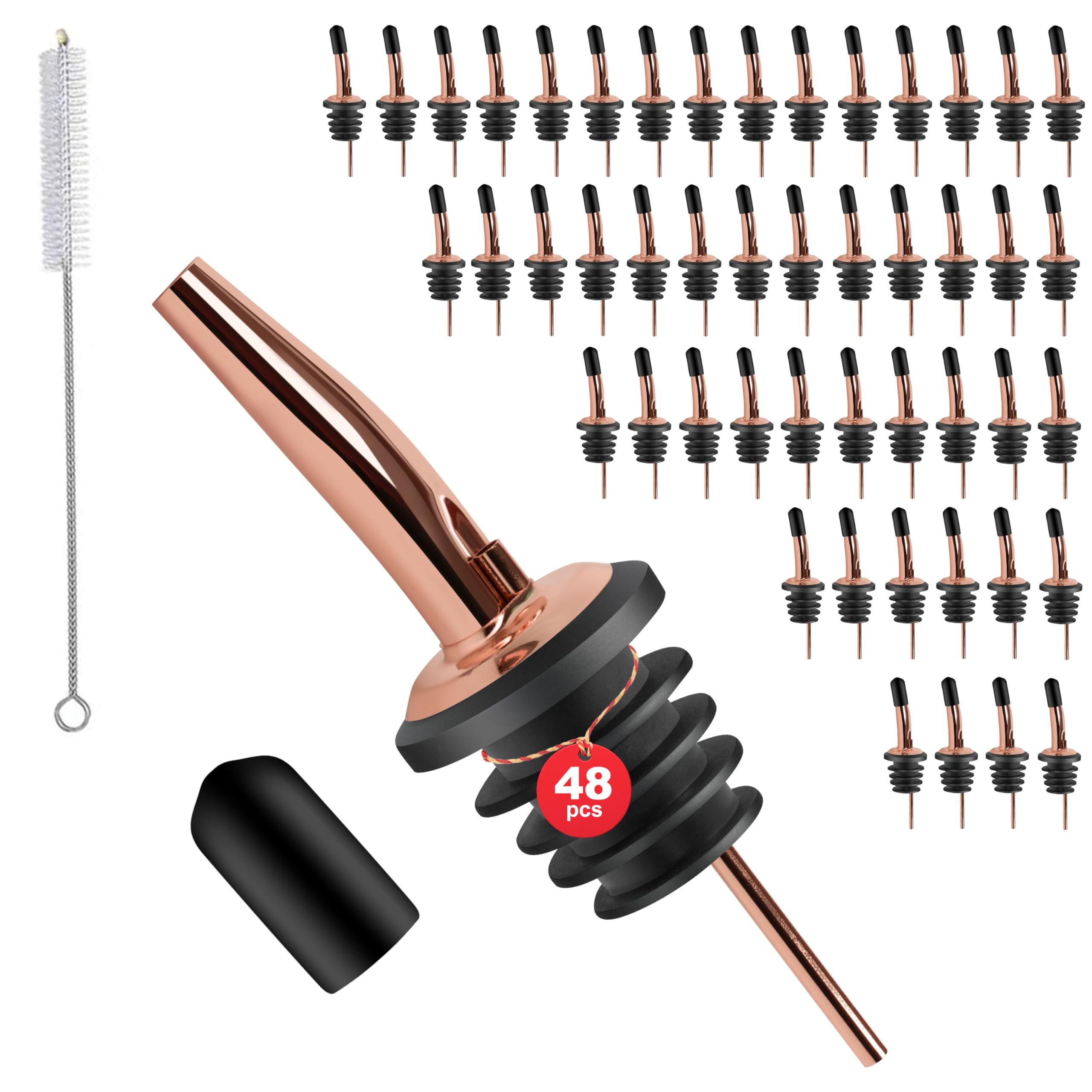 48 Pack Stainless Steel Bottle Pourers for Alcohol, Liquor, and Wine - Bar Accessories, Spouts for Bottles and Dispensers (rose gold)
