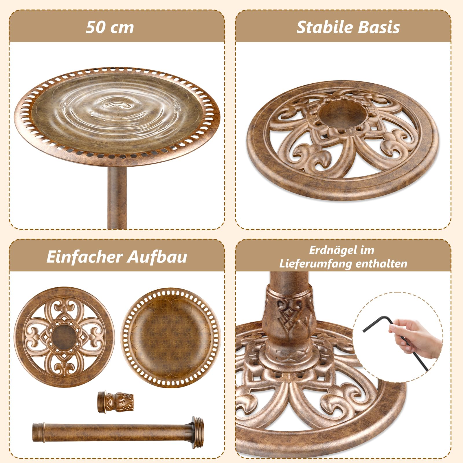 AISITIN Vogeltränke mit 3,5W Solar Springbrunnen, Futterplatz,Garten,Balkon Dekoration, Vogelbecken Vogel Futterstelle Tränke Bad für Balkon Terrasse Gartendeko Vogelbecken Bronzen Kunststoff Bronze
