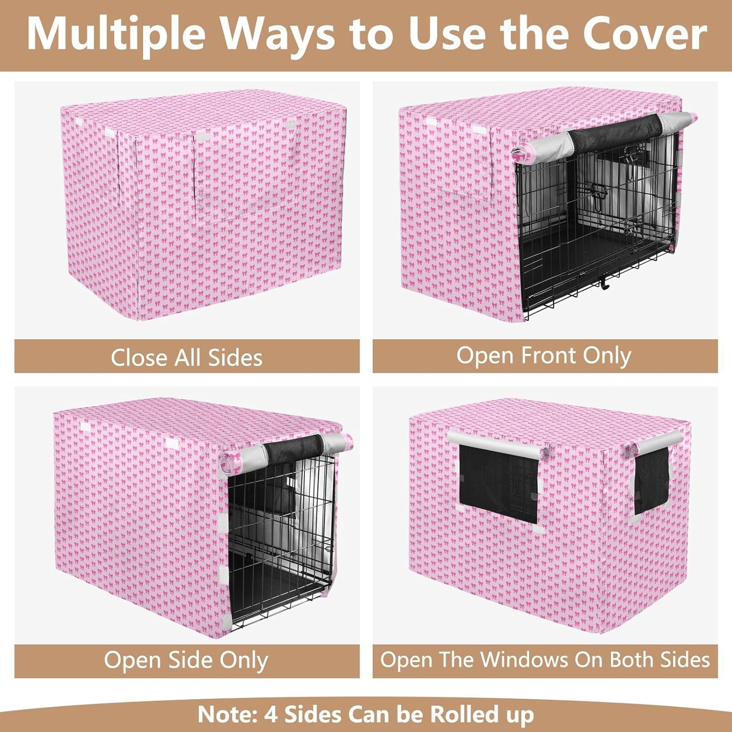Pink Bows Metal Dog Crate Covers Privacy Wire Cage Cover with Roller Shades 48 Inch