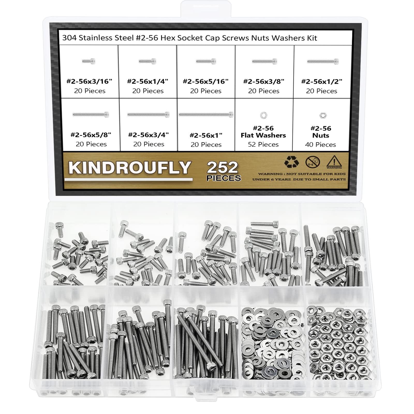 Kindroufly 252 Pieces #2-56 x 3/16", 1/4", 5/16", 3/8", 1/2", 5/8", 3/4", 1", Hex Socket Head Cap Screws Nuts Washers Assortment Kit, 304 Stainless